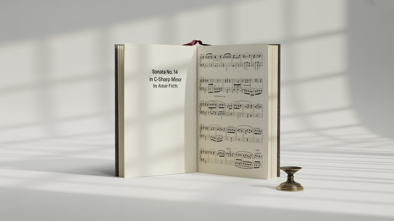 A photorealistic mockup of an open sheet music booklet titled 'Sonata No. 14 in C-sharp minor' by 'Alistair Finch', resting on a plain white background.