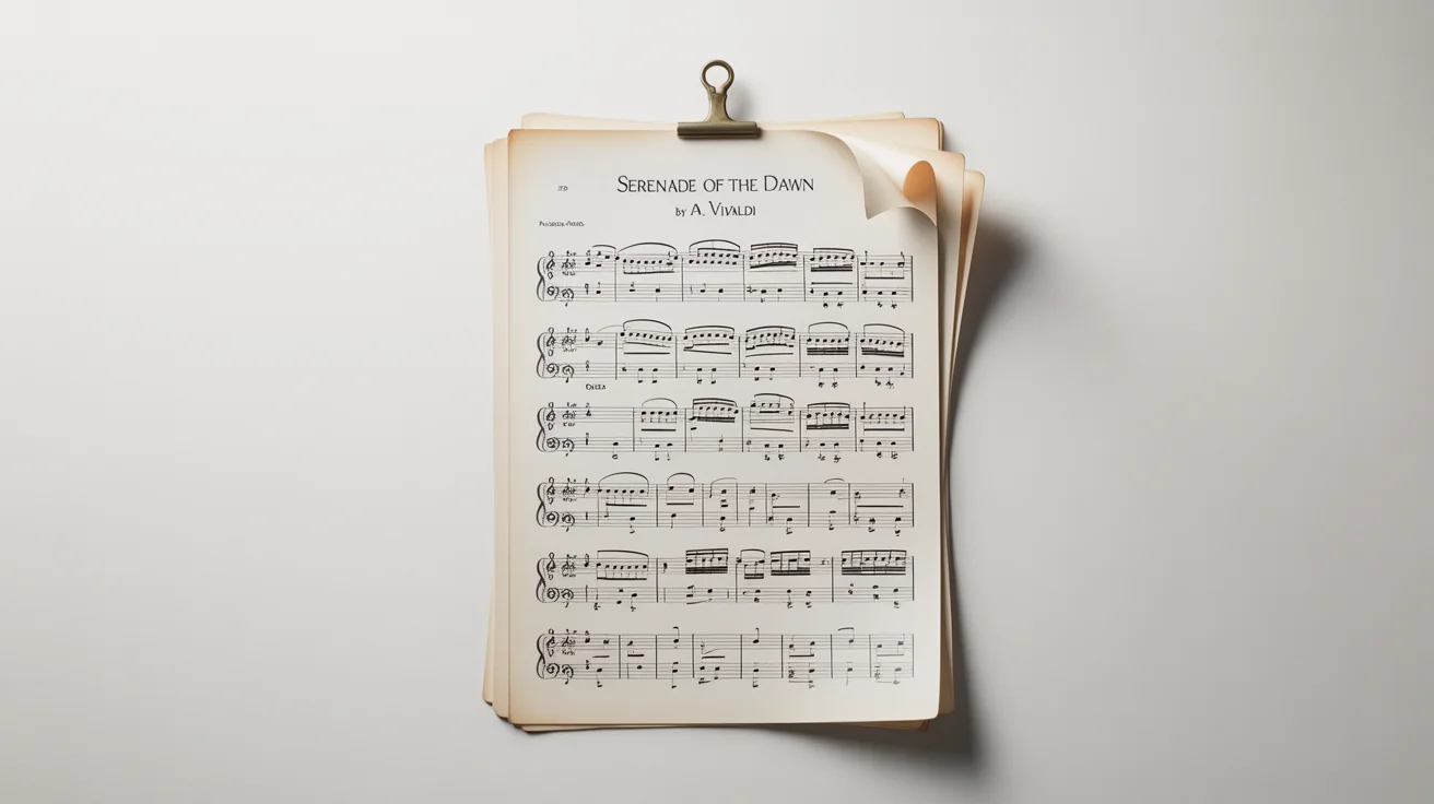 A professional mockup of a classical music sheet titled 'Serenade of the Dawn', displayed on a clean white surface with soft lighting.