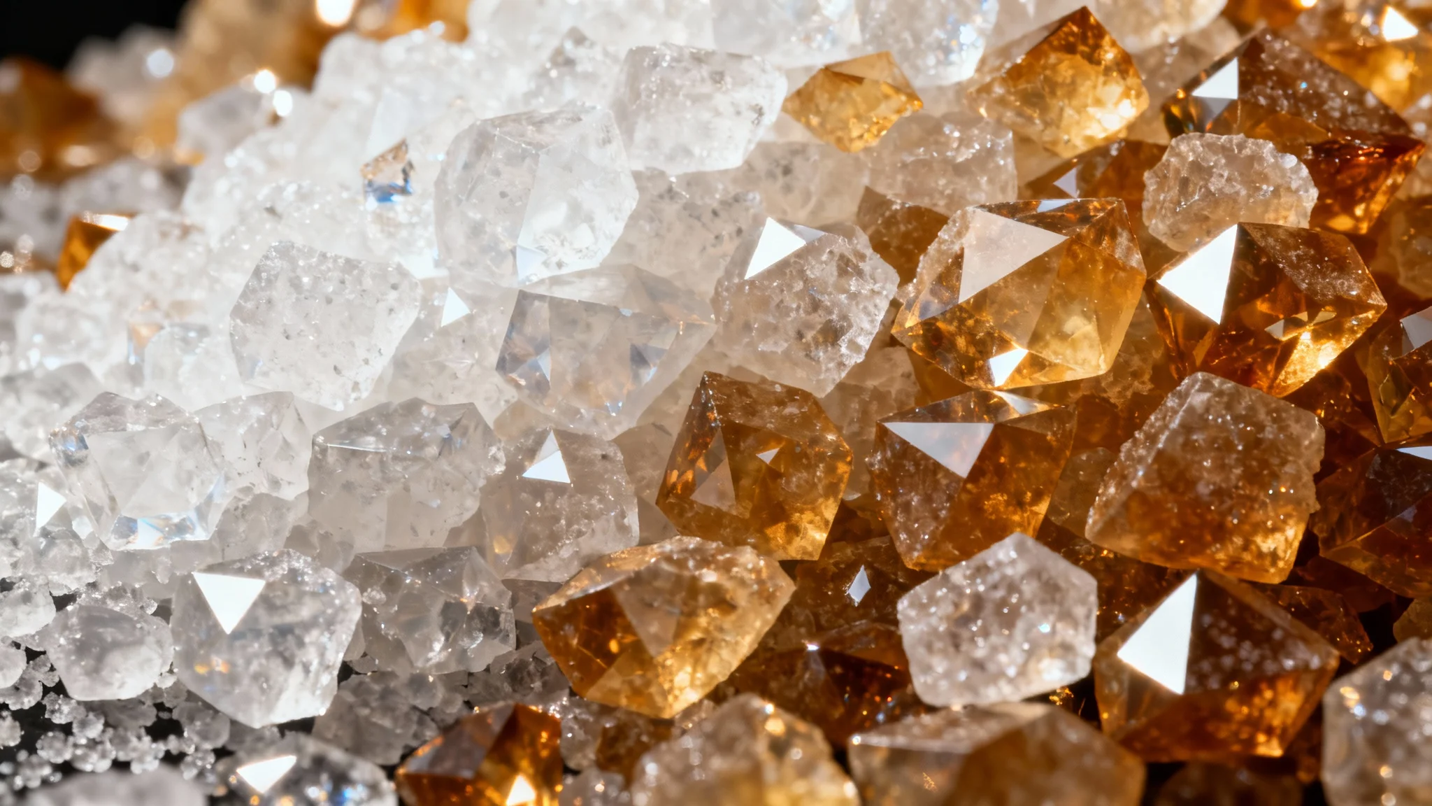 An eye-catching hero image displaying a close-up, high-resolution texture of sparkling sugar crystals in clear and amber tones. The 16:9 image shows the geometric facets of the crystals catching the light, creating a luxurious and shimmering visual effect.
