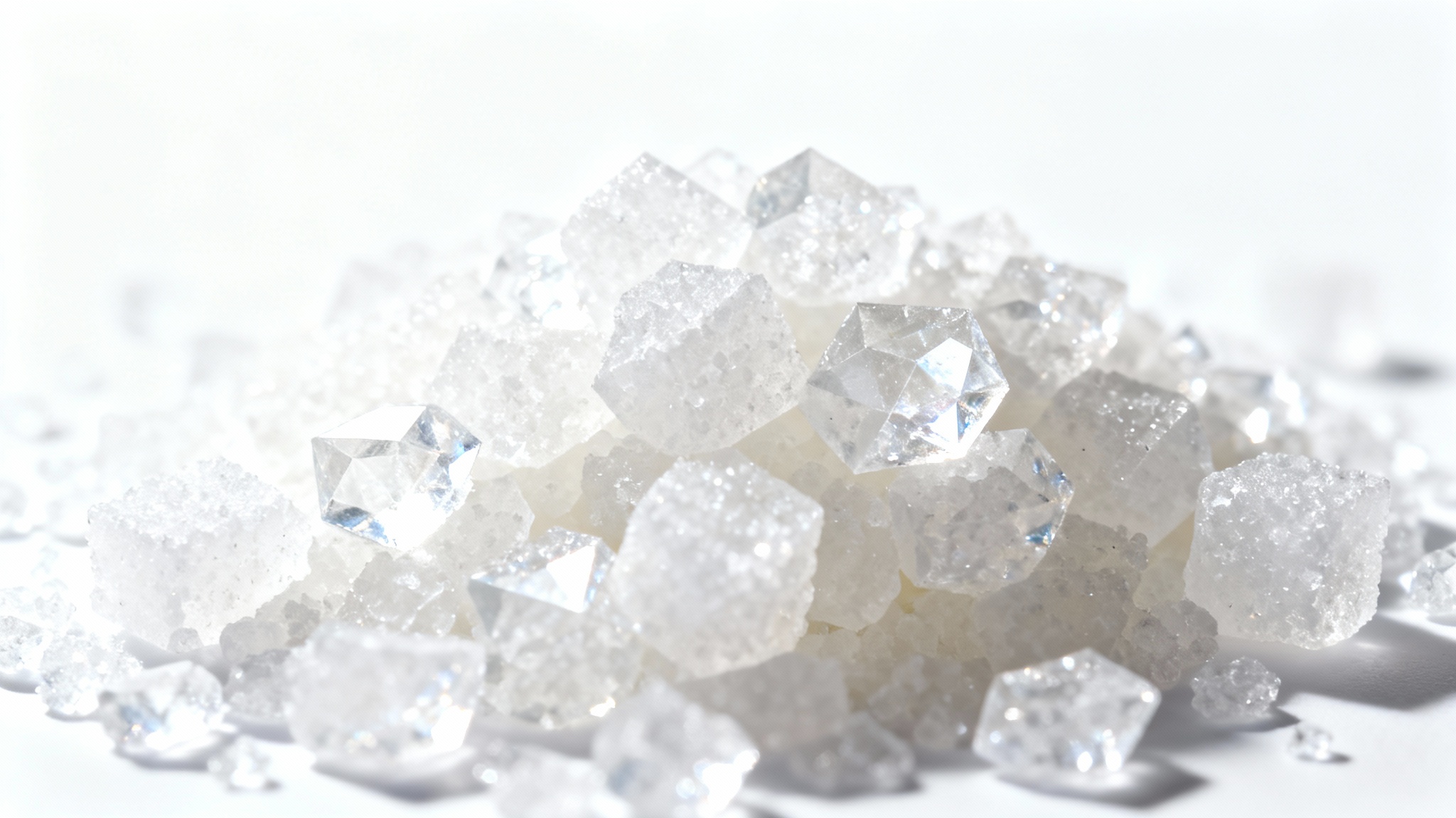 A macro photograph of white sugar crystals, showing their detailed geometric shapes and sparkling texture on a clean white background.
