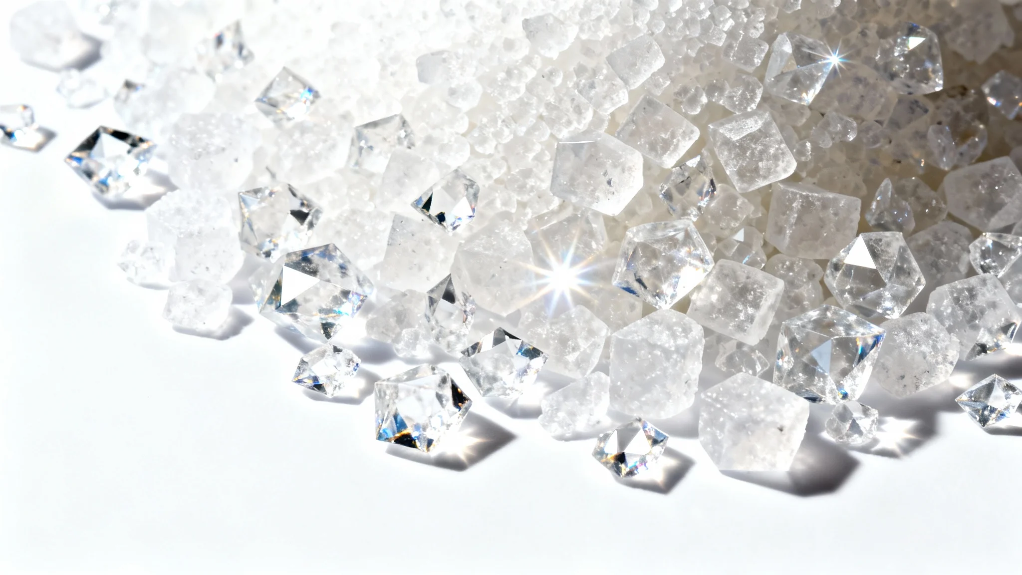 An extreme close-up, top-down photograph of a sugar crystal texture, showing the detailed geometric shapes of the white, sparkling crystals on a clean white background.