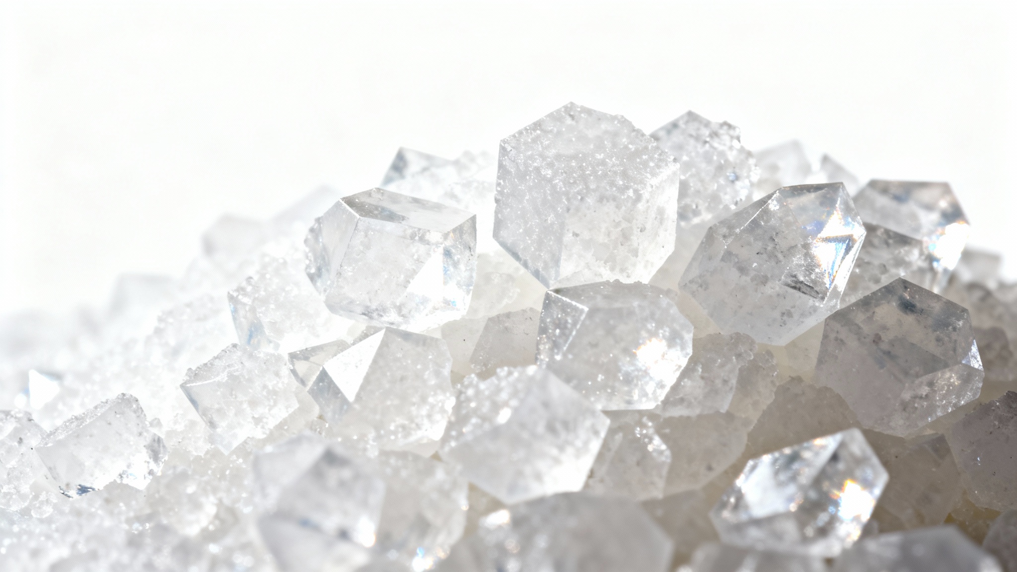 An extreme close-up, photorealistic macro shot of white sugar crystals, highlighting their detailed geometric shapes and sparkling texture against a clean white background.