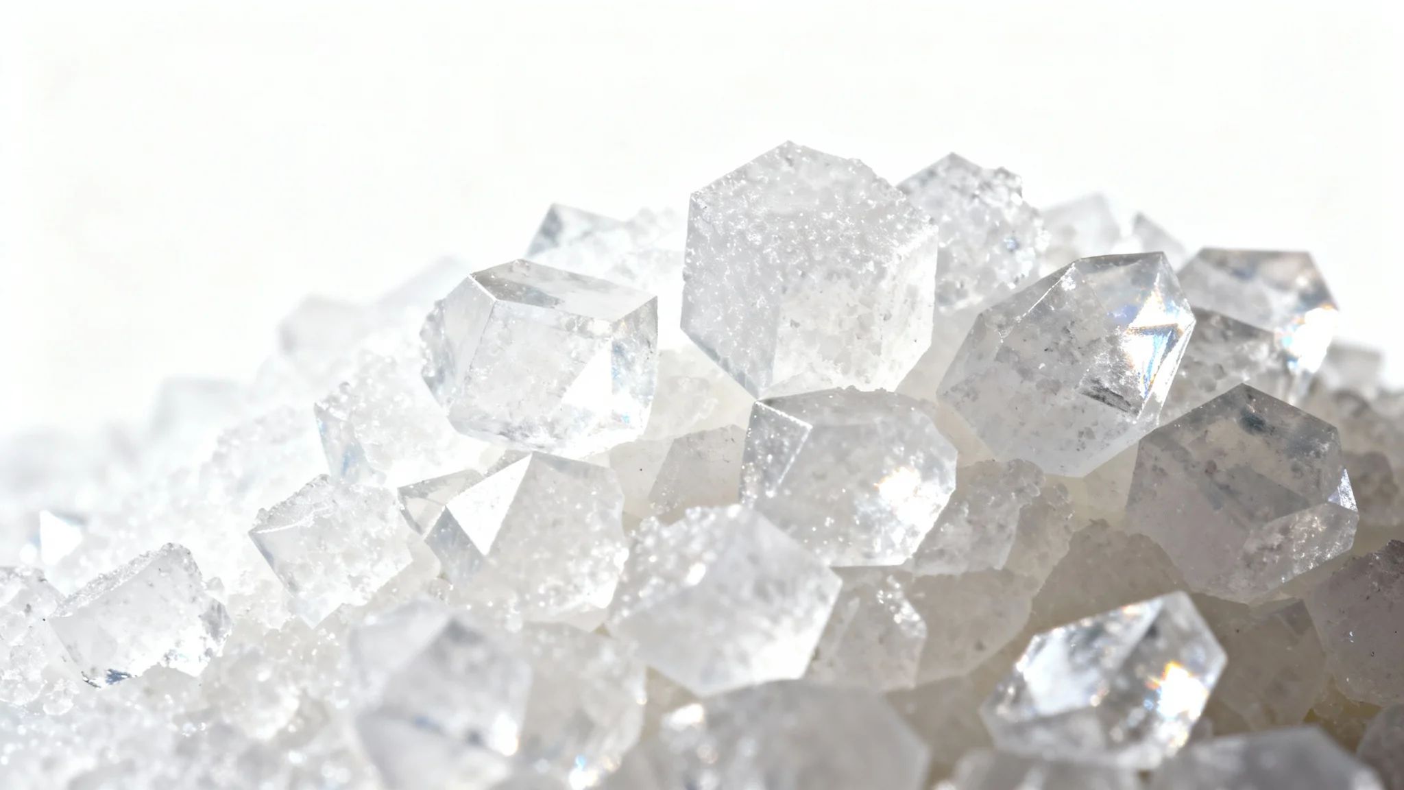 An extreme close-up, photorealistic macro shot of white sugar crystals, highlighting their detailed geometric shapes and sparkling texture against a clean white background.