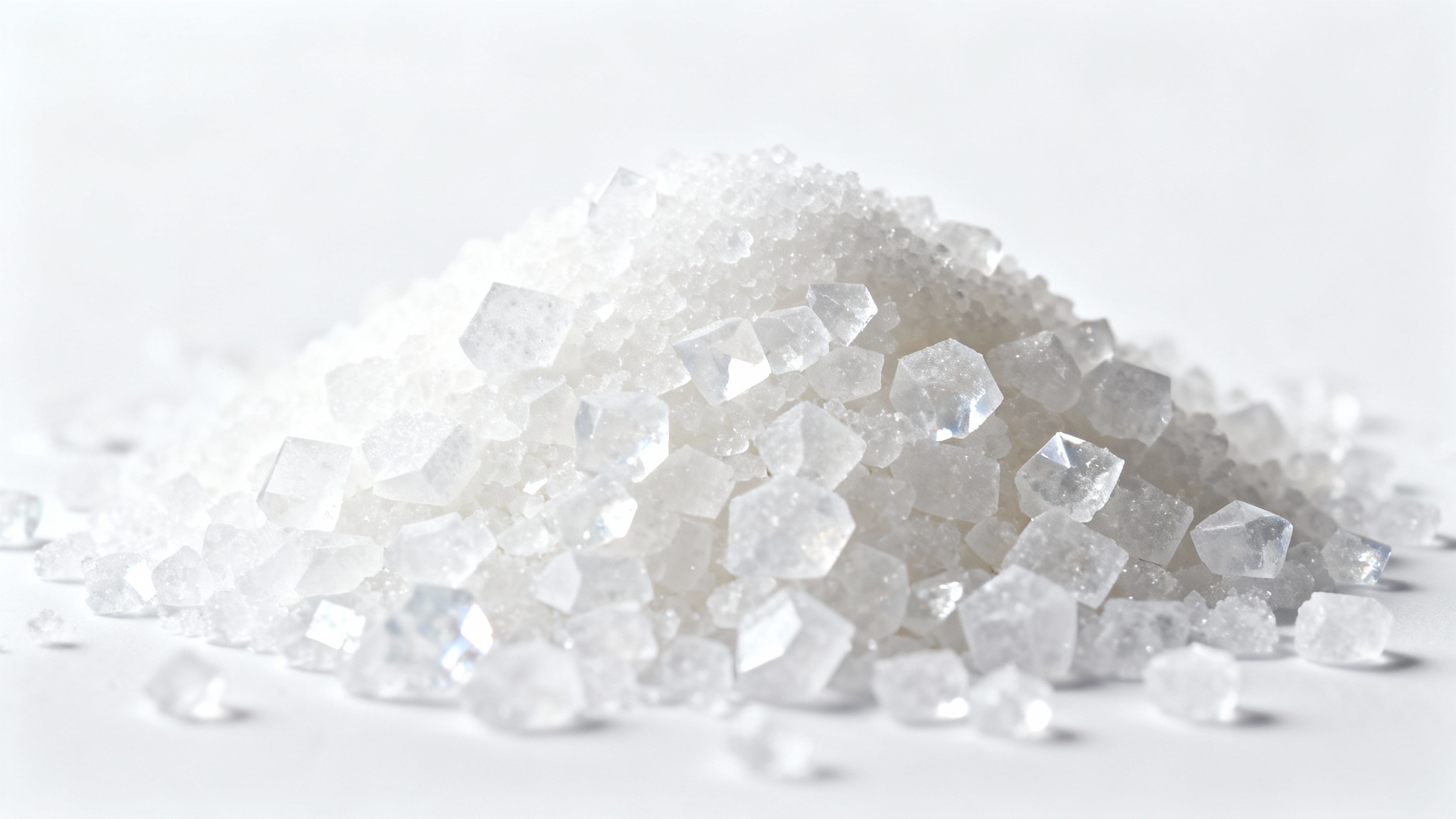 An extreme close-up, macro shot of white sugar crystals piled together, highlighting their sharp, geometric texture and sparkling quality against a clean white background.