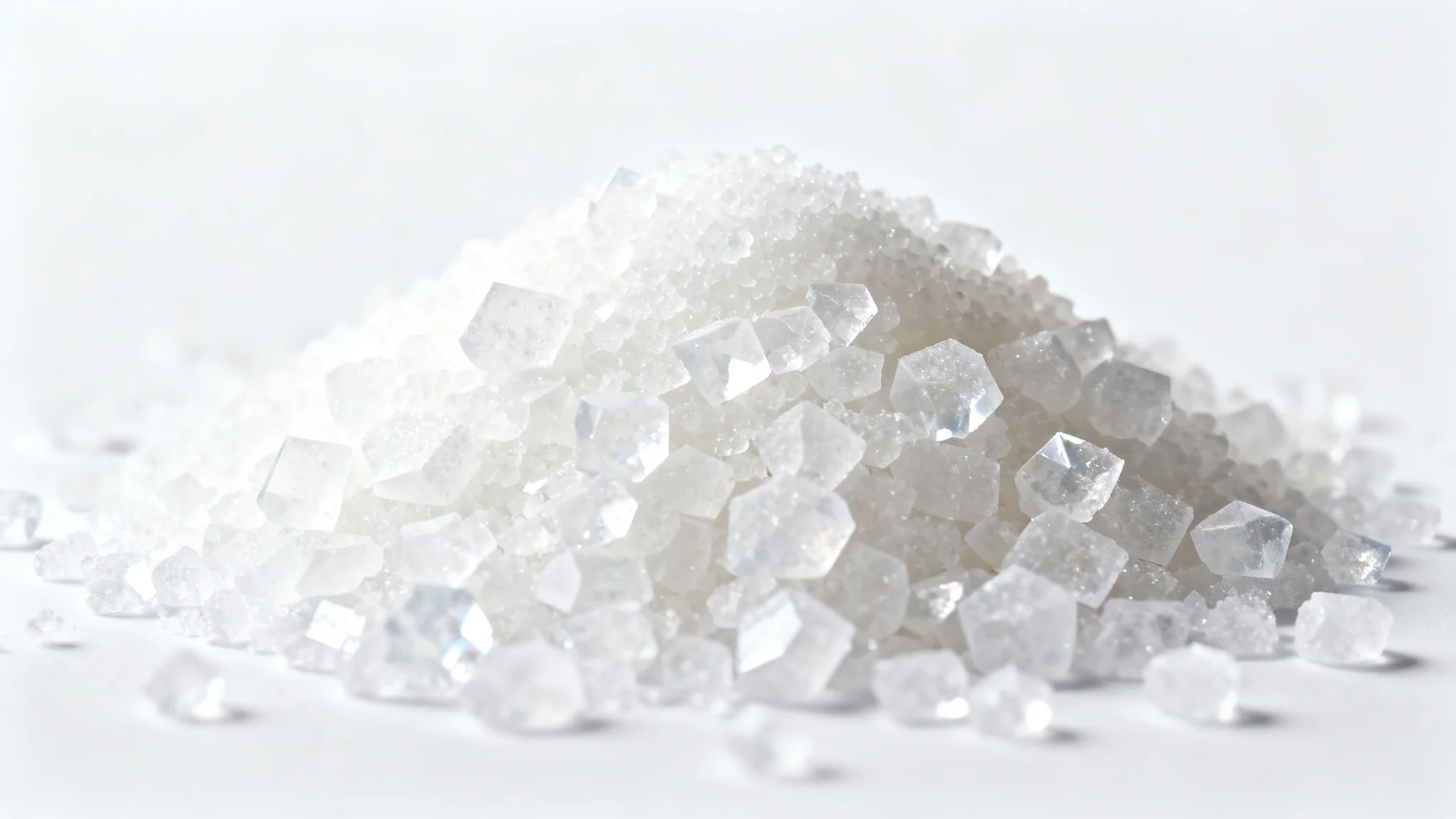 An extreme close-up, macro shot of white sugar crystals piled together, highlighting their sharp, geometric texture and sparkling quality against a clean white background.