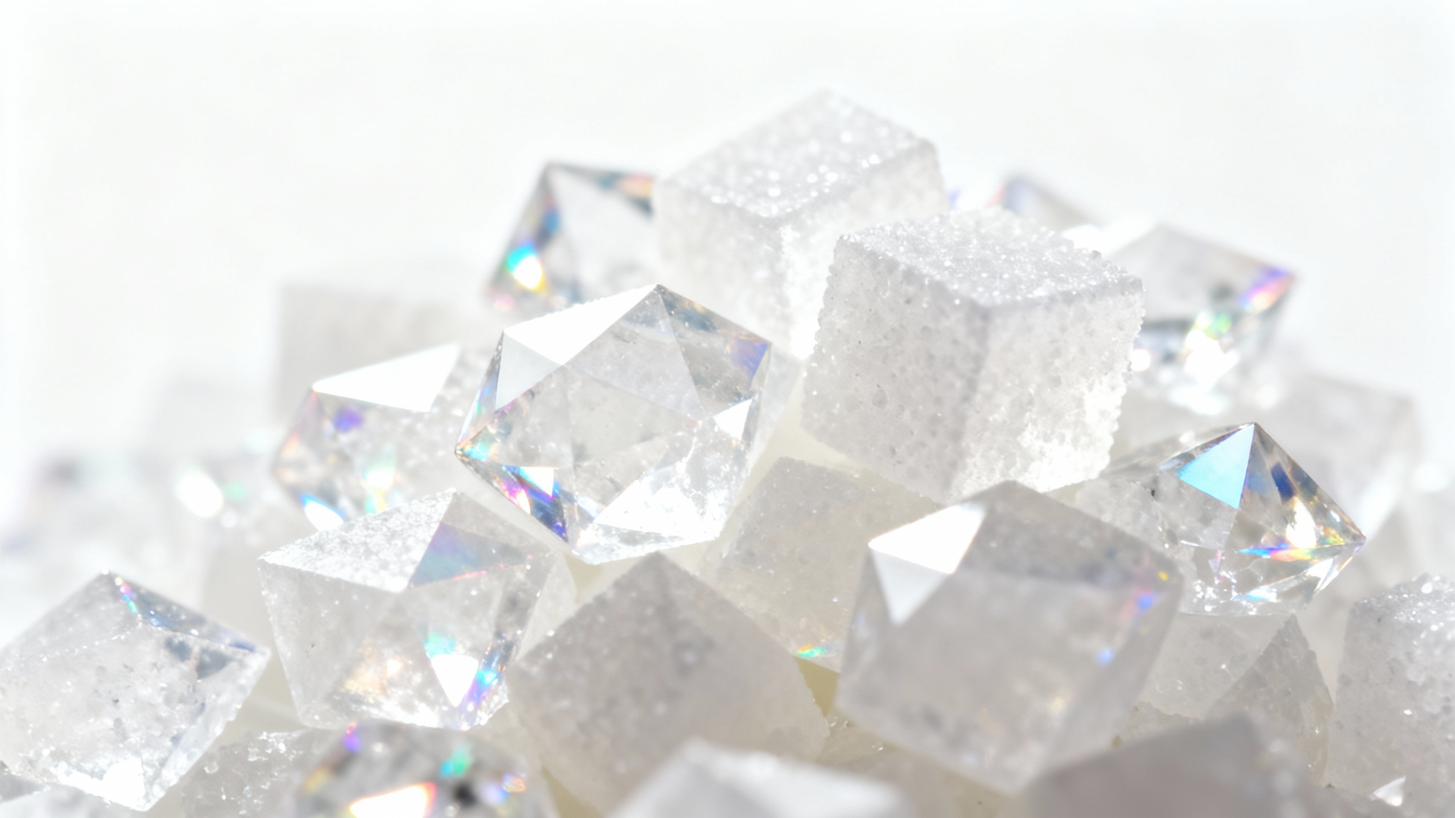 An extreme close-up, macro photograph of a pile of pure white sugar crystals, showcasing their detailed geometric shapes and sparkling texture against a solid white background.