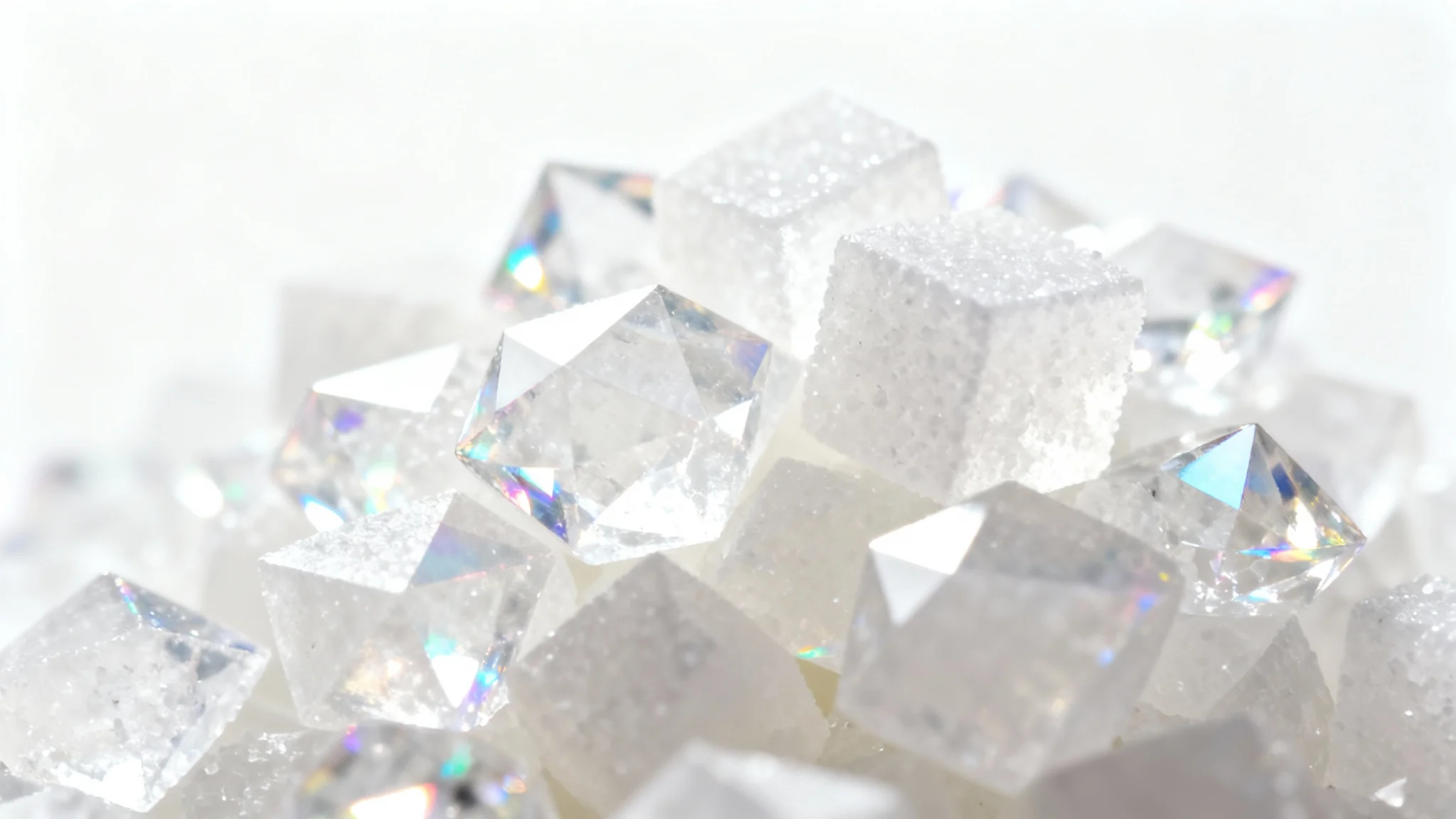 An extreme close-up, macro photograph of a pile of pure white sugar crystals, showcasing their detailed geometric shapes and sparkling texture against a solid white background.