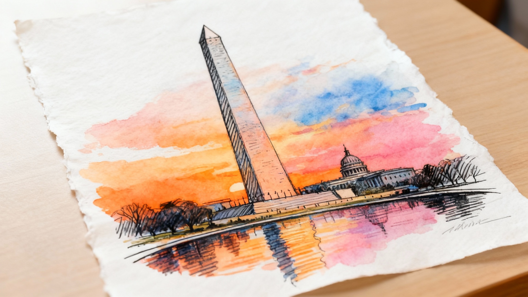 An artistic watercolor sketch of the Washington Monument at sunrise, showing the monument and the reflecting pool in vibrant orange and blue colors.