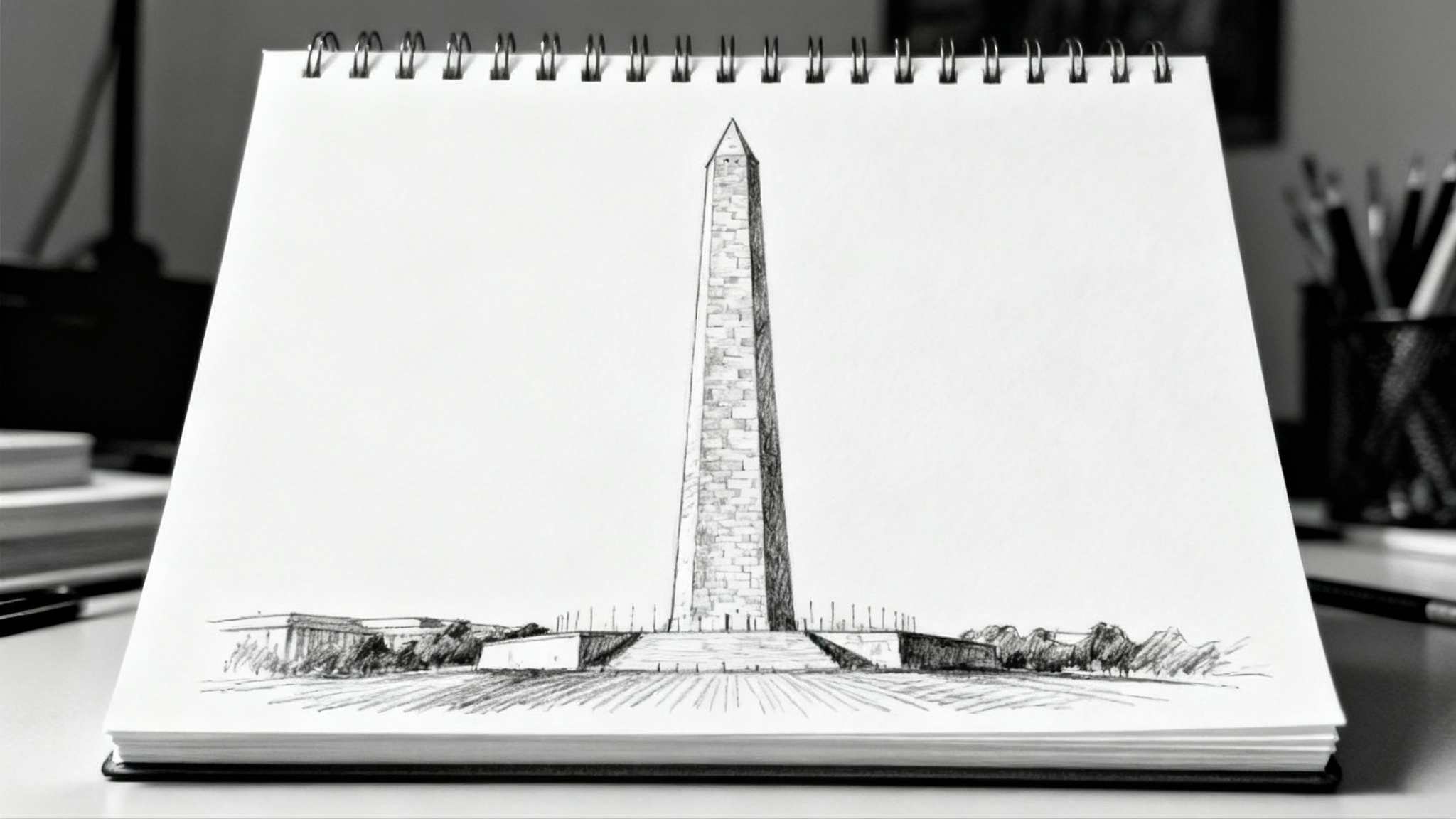 A detailed graphite pencil sketch of the Washington Monument centered on a plain white background, showcasing its architectural beauty.