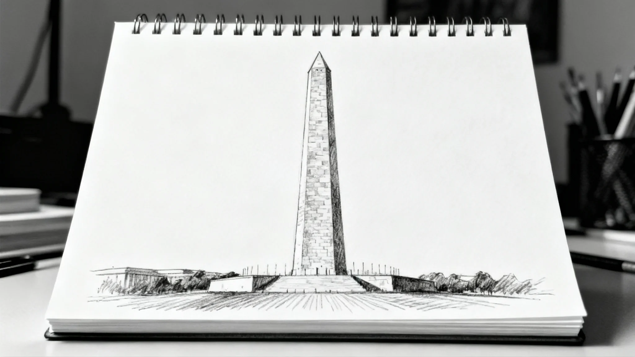 A detailed graphite pencil sketch of the Washington Monument centered on a plain white background, showcasing its architectural beauty.