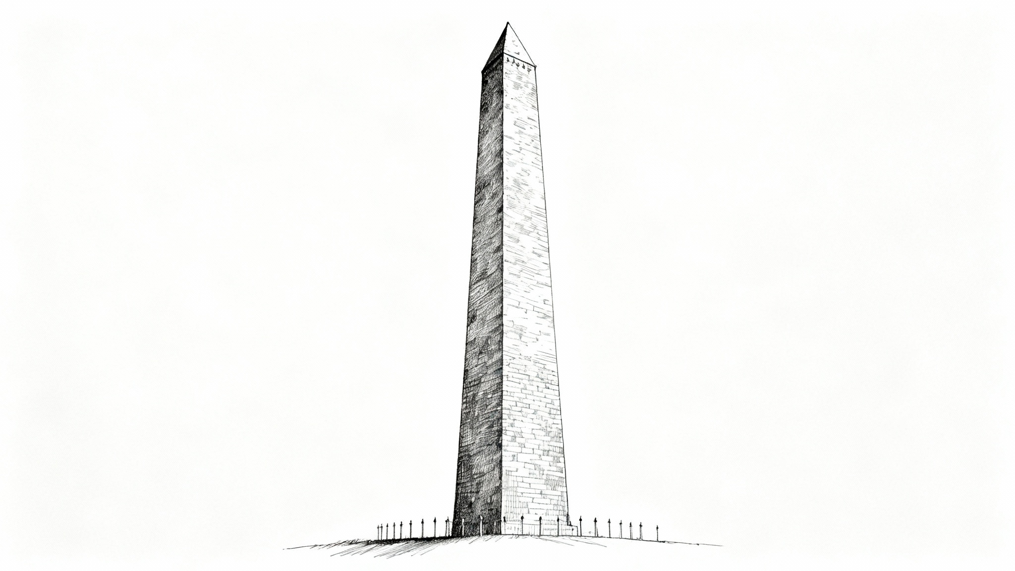 A detailed black and white pencil sketch of the Washington Monument, presented in a clean, minimalist style on a white background.
