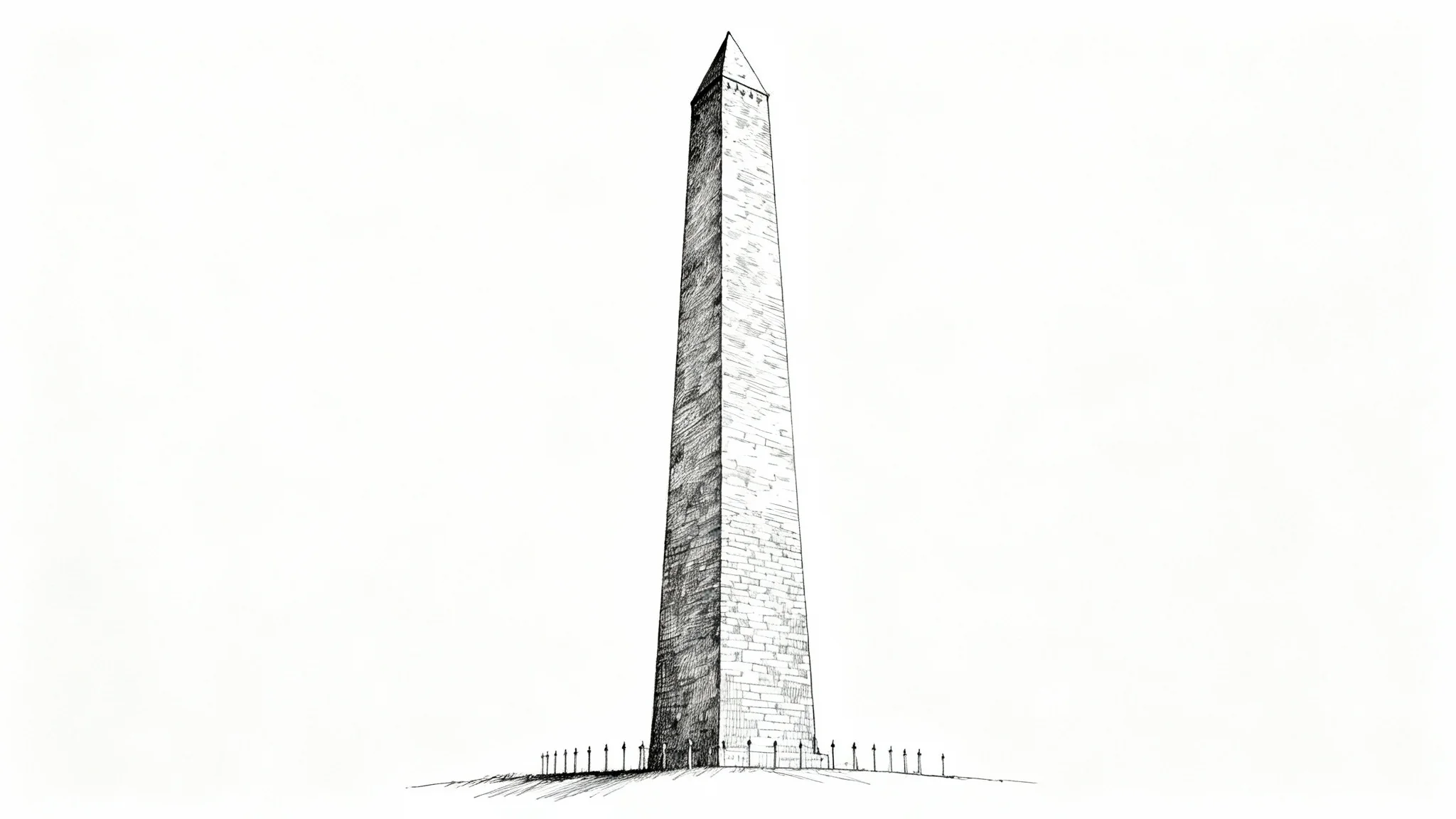 A detailed black and white pencil sketch of the Washington Monument, presented in a clean, minimalist style on a white background.