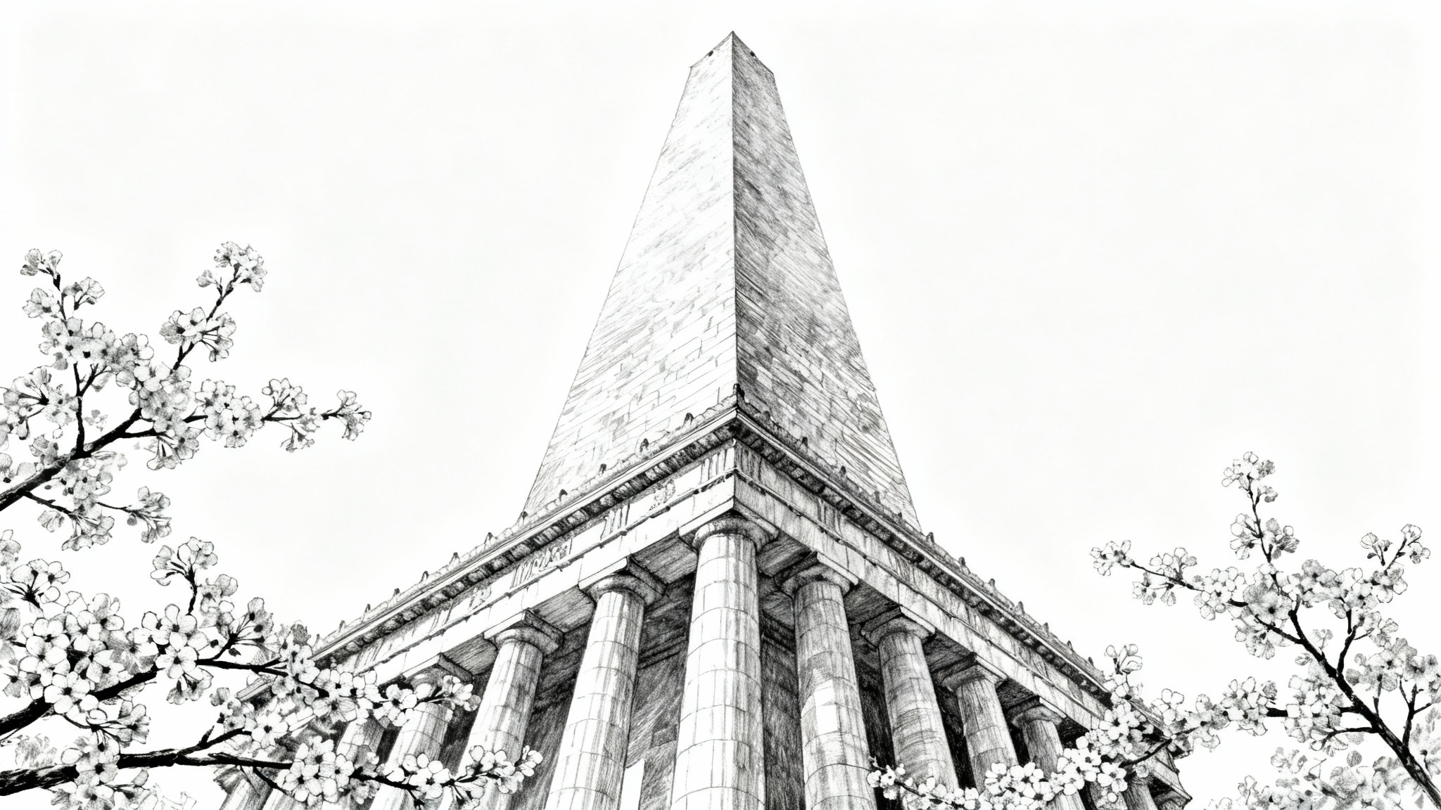 An artistic black and white pencil sketch of the Washington Monument, viewed from a low angle against a plain white background, with cherry blossom branches in the foreground.