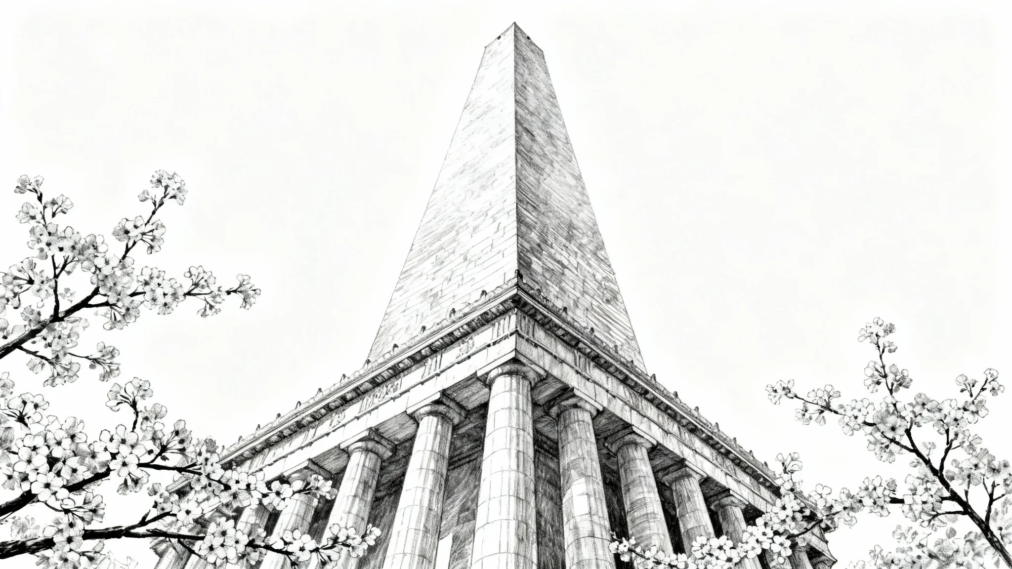 An artistic black and white pencil sketch of the Washington Monument, viewed from a low angle against a plain white background, with cherry blossom branches in the foreground.