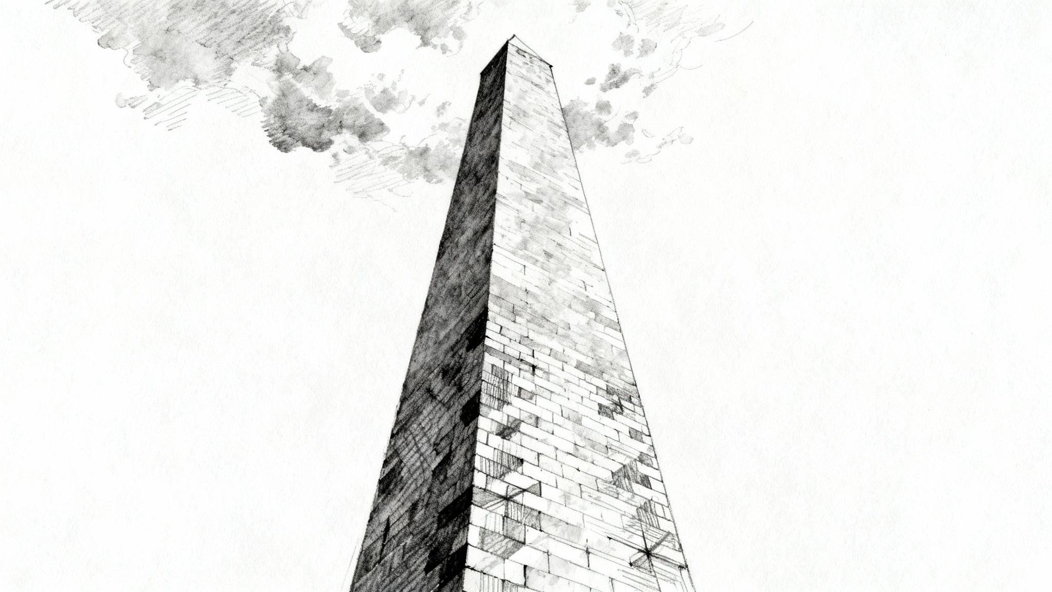 A detailed black and white architectural pencil sketch of the Washington Monument, viewed from a low angle, isolated on a clean white background.