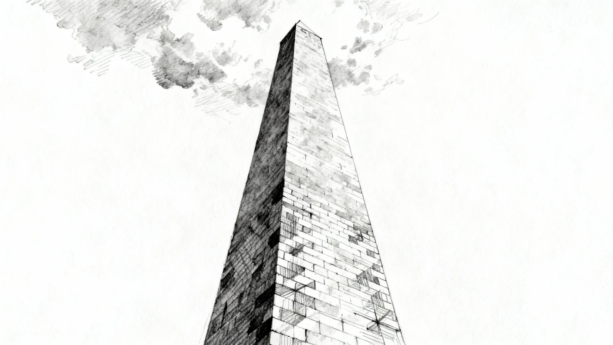 A detailed black and white architectural pencil sketch of the Washington Monument, viewed from a low angle, isolated on a clean white background.