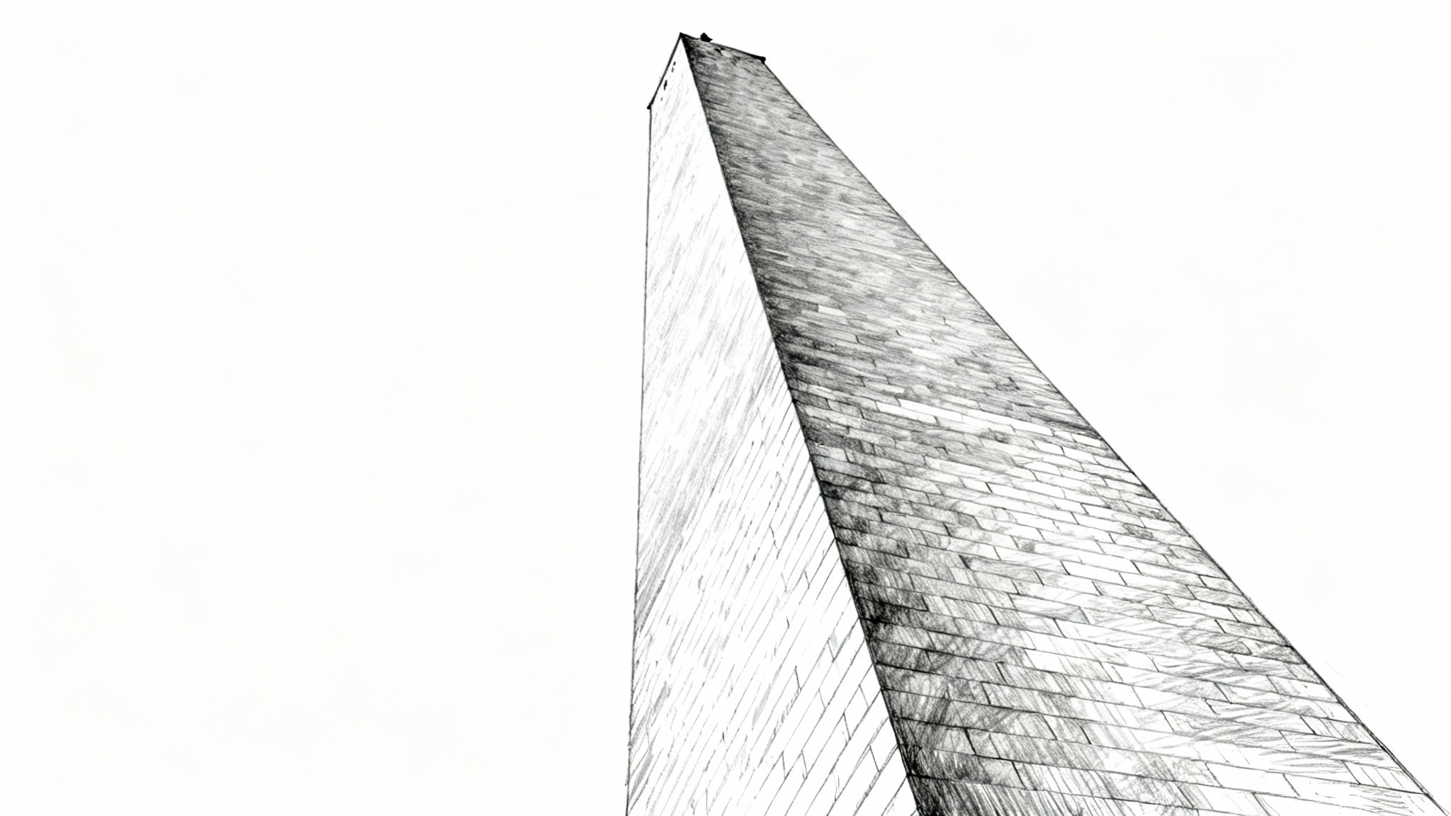 A detailed black and white pencil sketch of the Washington Monument viewed from a low angle, set against a plain white background.
