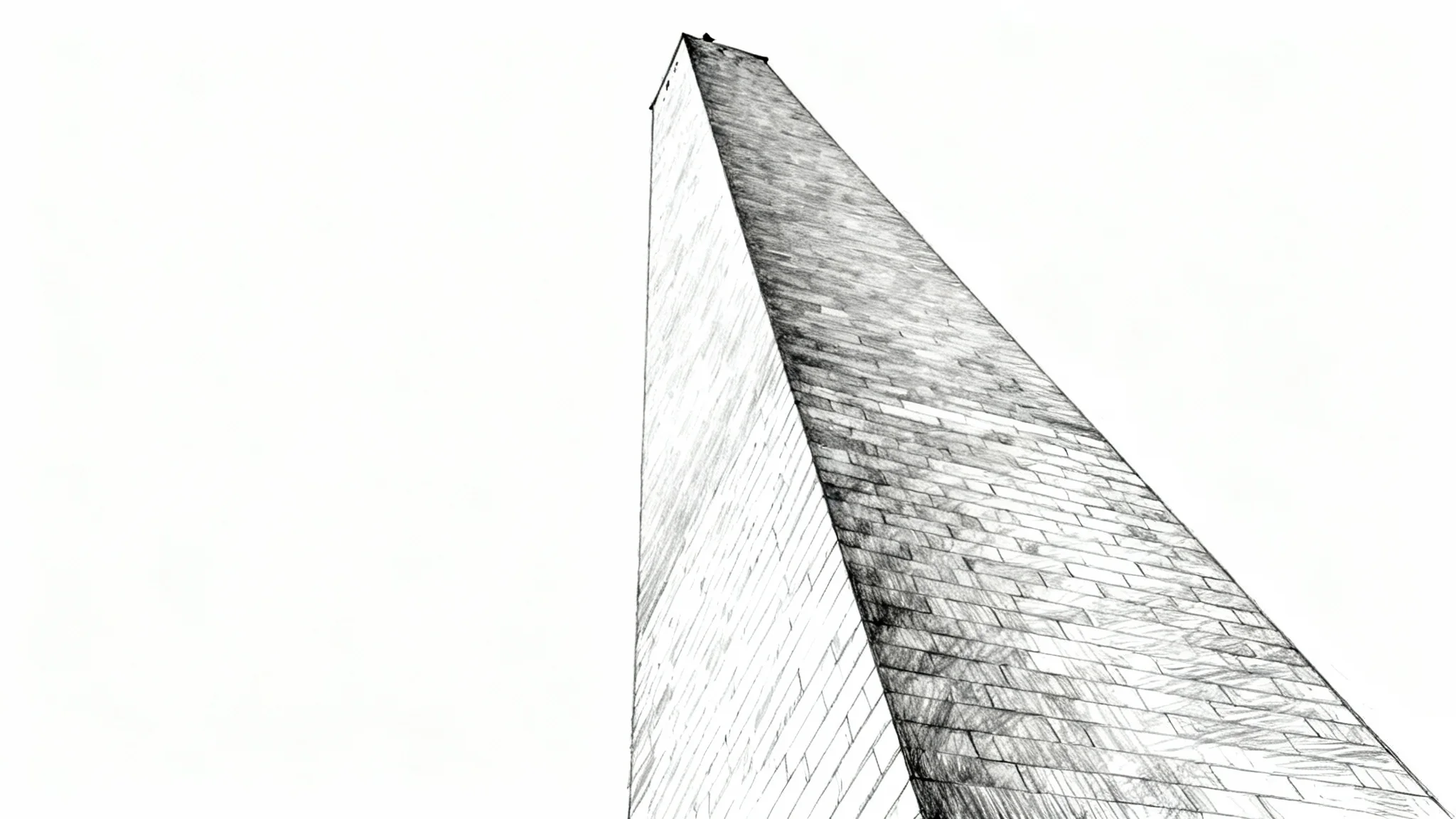 A detailed black and white pencil sketch of the Washington Monument viewed from a low angle, set against a plain white background.