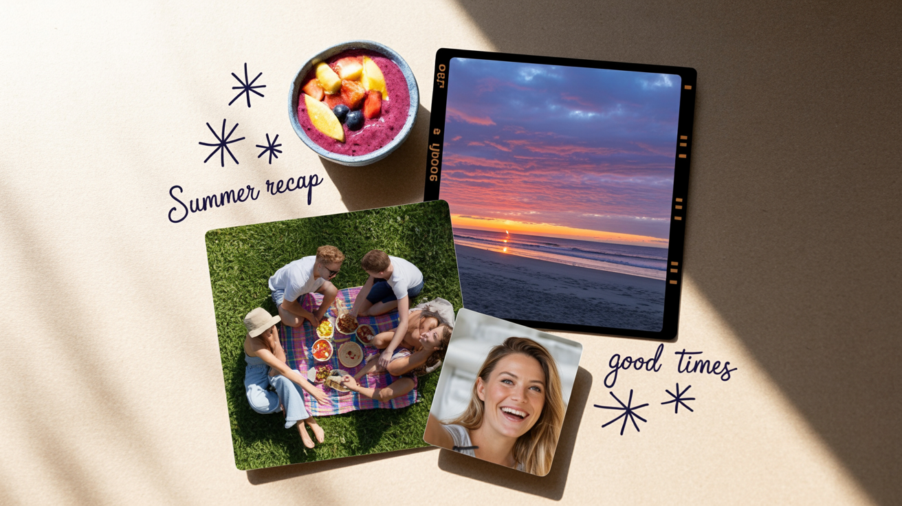 A finished Instagram story collage showing four photos of a smoothie bowl, friends at a picnic, a sunset, and a selfie, artfully arranged with text that reads 'Summer Recap' and decorative elements.