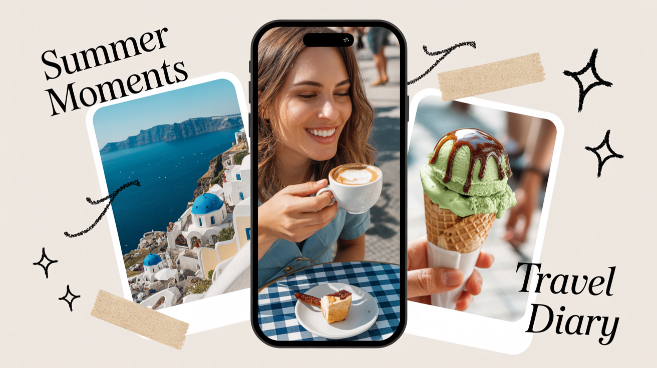 A mockup of a vertical Instagram story collage with a European summer travel theme, featuring photos of Paris, Santorini, and gelato, with the text 'Summer Moments'.