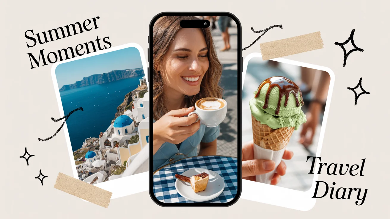 A mockup of a vertical Instagram story collage with a European summer travel theme, featuring photos of Paris, Santorini, and gelato, with the text 'Summer Moments'.