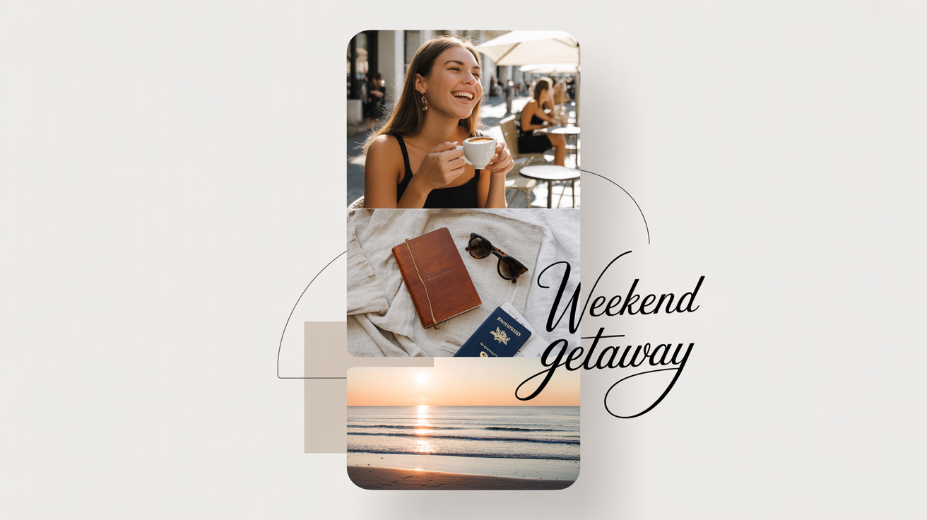 A mockup of a modern Instagram Story collage with three panels: a person with coffee, a travel flat lay, and a beach sunset, overlaid with the text 'Weekend Getaway'.