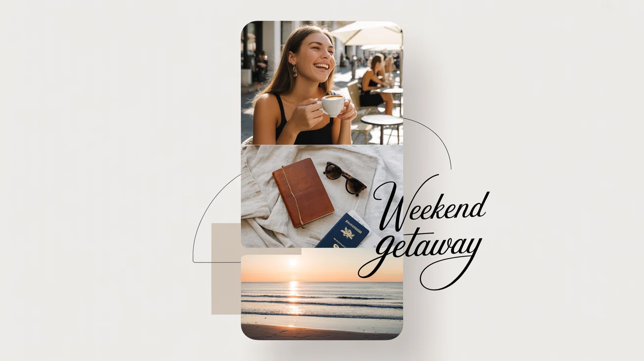 A mockup of a modern Instagram Story collage with three panels: a person with coffee, a travel flat lay, and a beach sunset, overlaid with the text 'Weekend Getaway'.