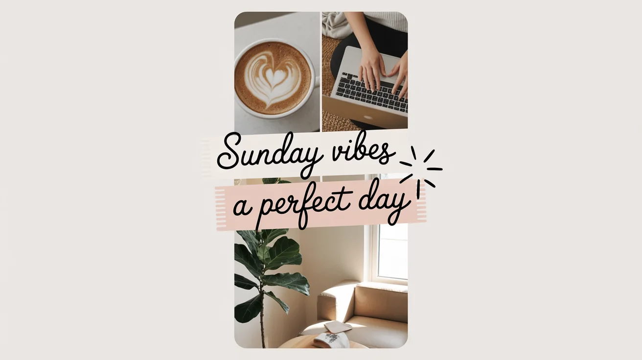 An aesthetic Instagram story collage mockup with a 'Sunday Vibes' theme, featuring photos of coffee, a laptop, and a cozy room, all arranged on a clean white background.