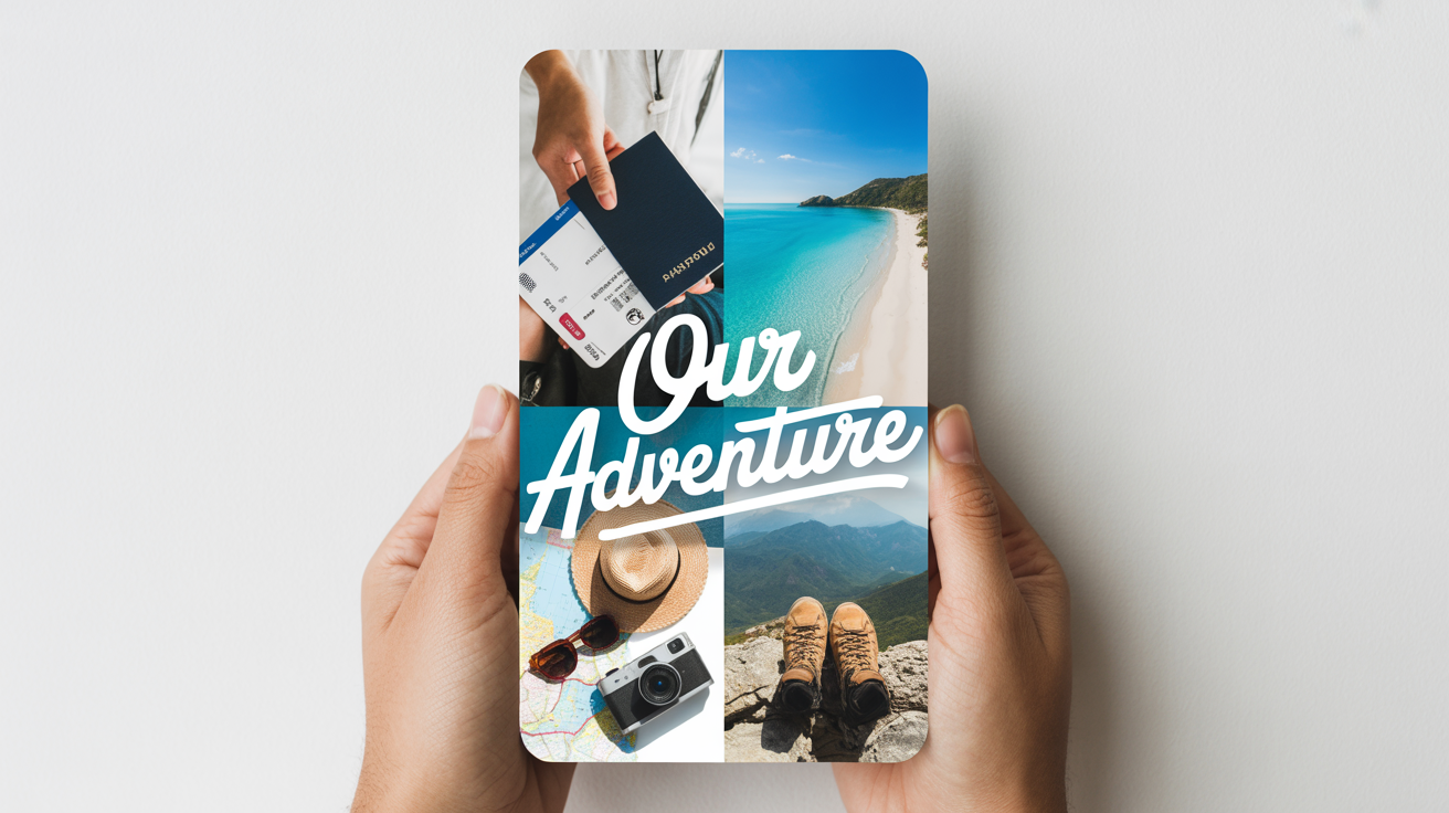 A mockup of an Instagram story collage with a 'Travel Moments' theme, showing photos of a passport, a tropical beach, and travel accessories, all arranged on a white background with the text 'Our Adventure'.