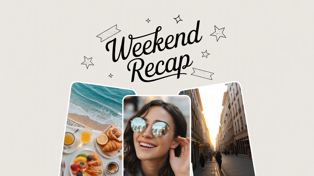 A mockup of a trendy Instagram story collage with a weekend theme, featuring photos of a beach, food, a smiling person, and a city street, with the text 'Weekend Recap'.
