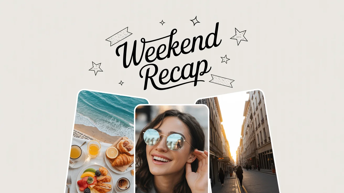 A mockup of a trendy Instagram story collage with a weekend theme, featuring photos of a beach, food, a smiling person, and a city street, with the text 'Weekend Recap'.
