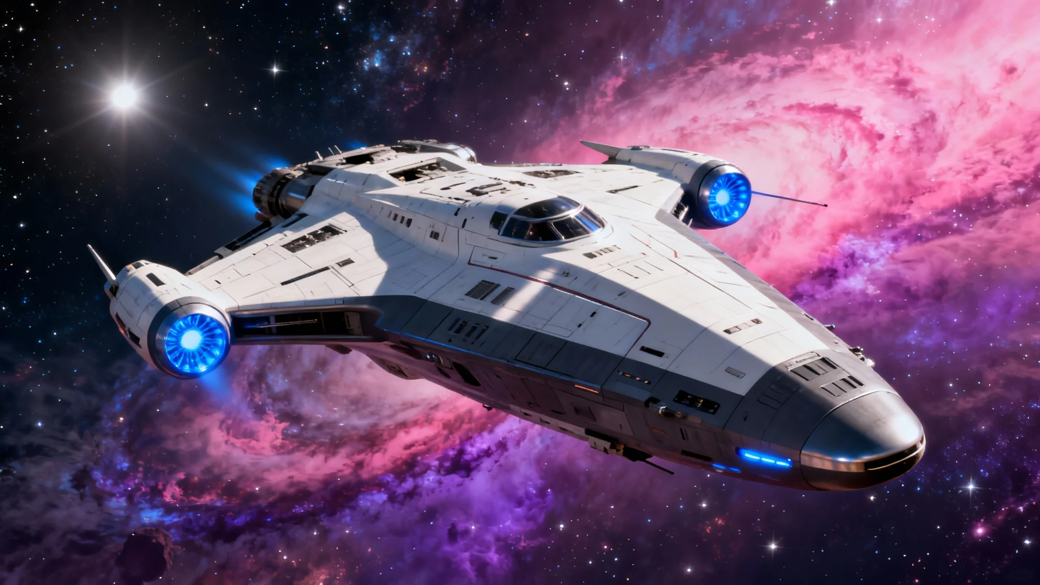 A sleek, futuristic white and gray spaceship flying dynamically through a colorful pink and purple nebula in deep space.