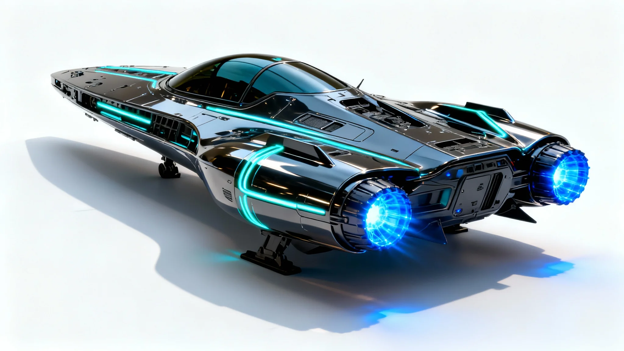 A hyper-realistic mockup of a sleek, dark chrome spaceship with glowing blue and cyan lights, angled to show its futuristic design against a clean white background.