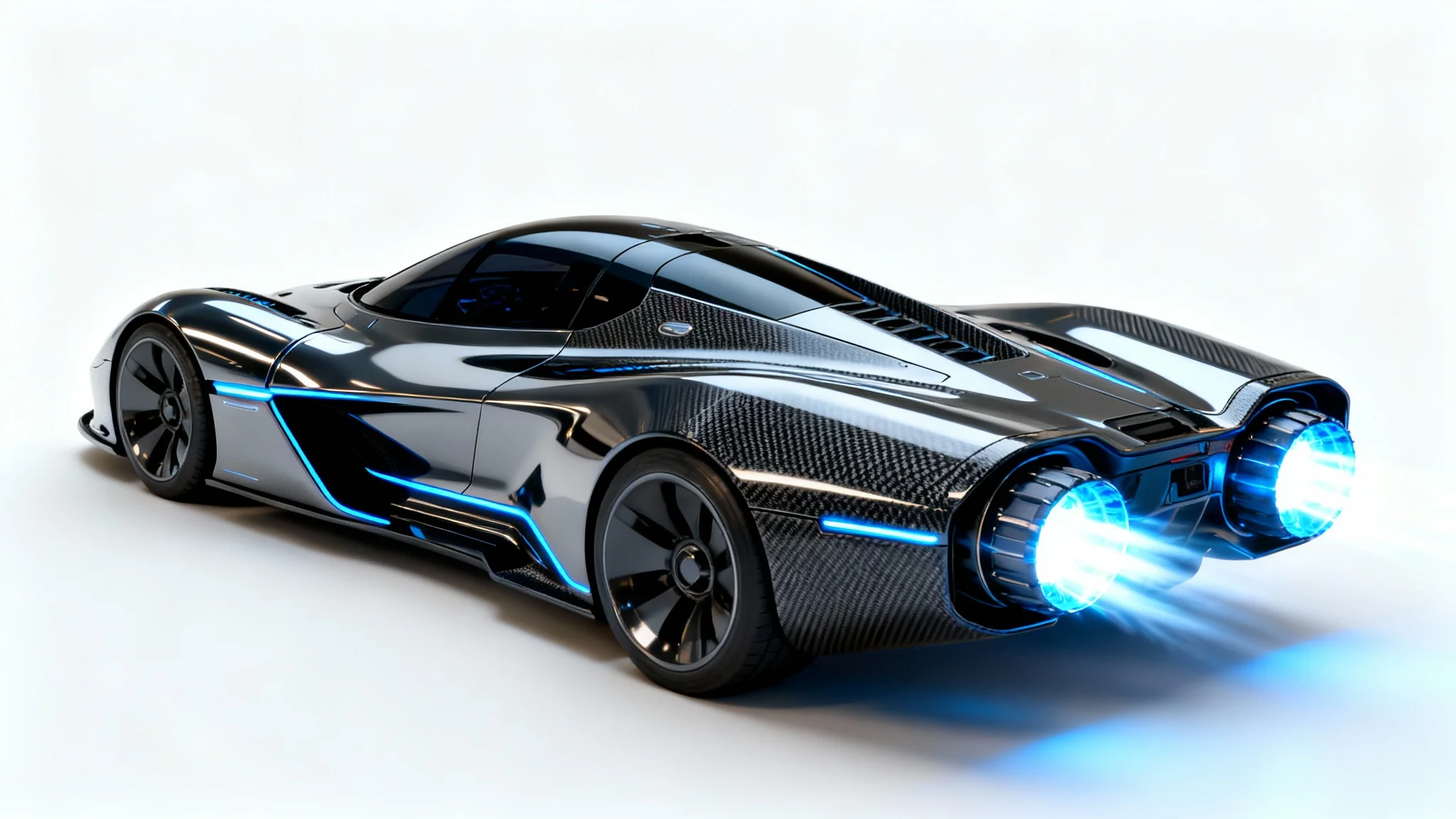 A photorealistic mockup of a sleek, dark metallic spaceship with glowing blue thrusters, presented against a clean white background.