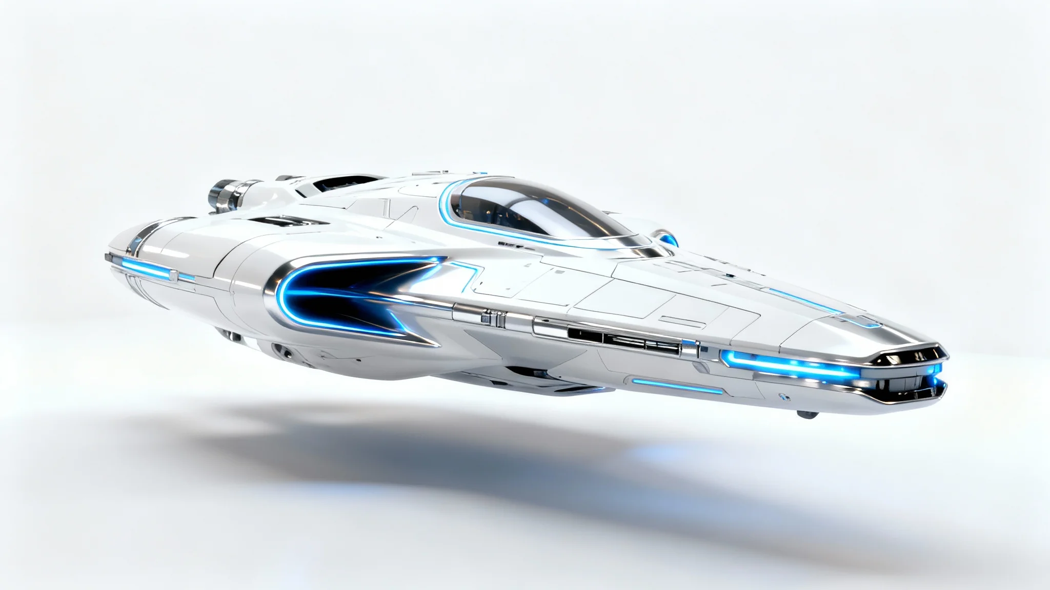 A photorealistic mockup of a sleek, futuristic spaceship with a white and silver finish and glowing blue lights, presented against a plain white background.