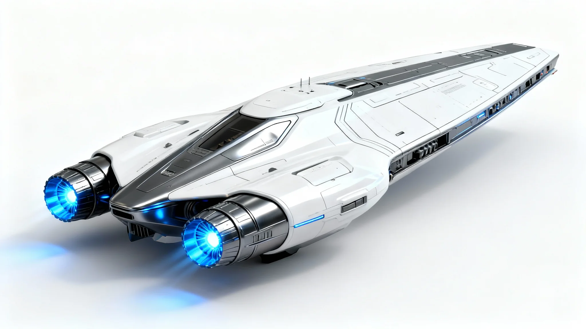 A highly detailed concept image of a sleek, futuristic spaceship with glowing blue engines, presented against a clean white background.