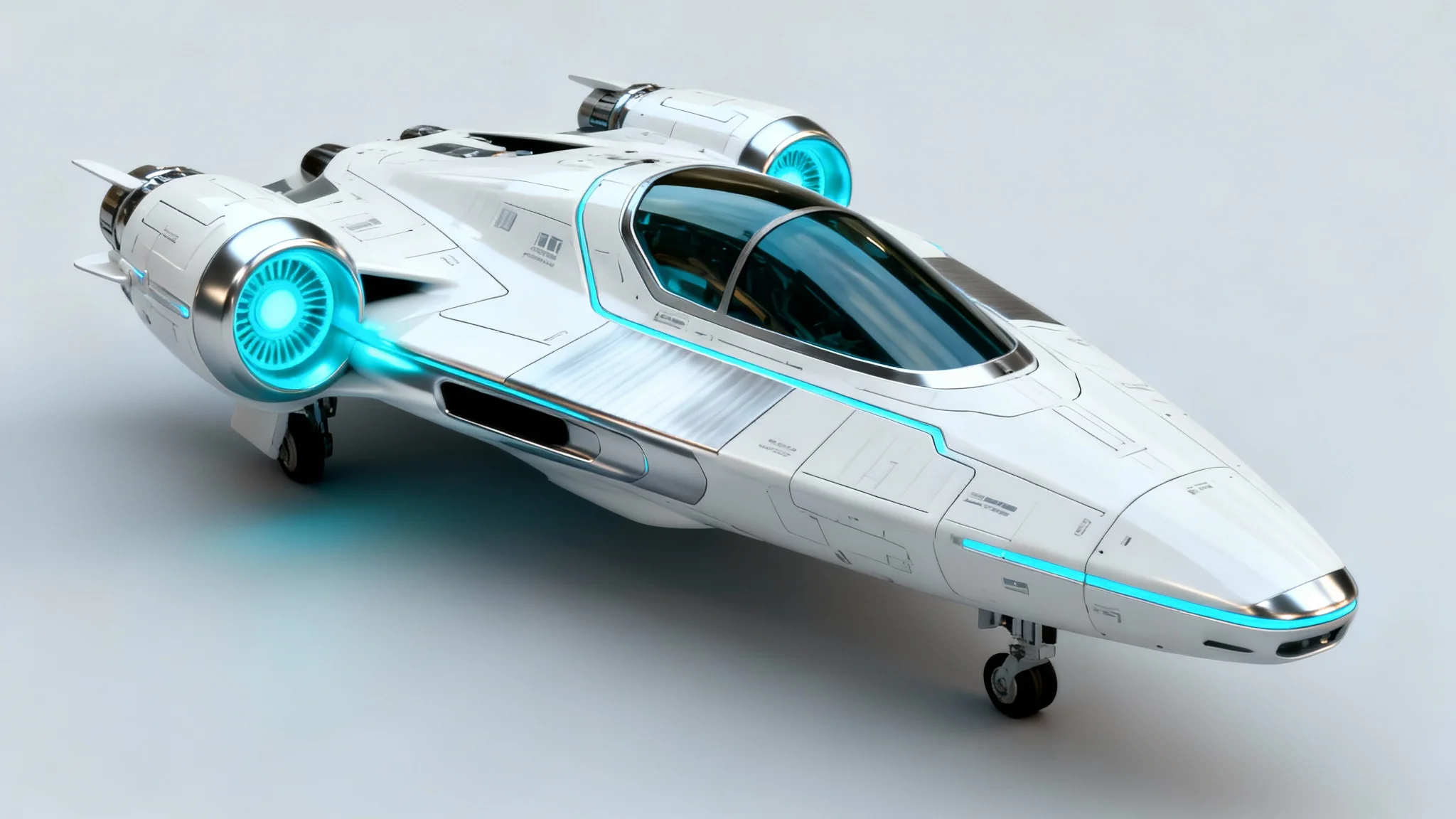 A photorealistic mockup of a sleek, white and titanium futuristic spaceship with glowing blue accents, positioned against a minimalist white background in a studio setting.