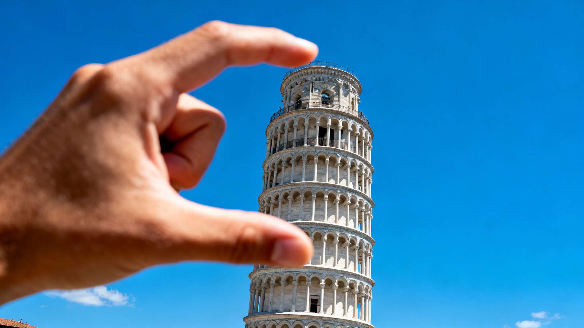An eye-catching hero image demonstrating forced perspective photography, where a person appears to be pinching the top of the Leaning Tower of Pisa to hold it up.