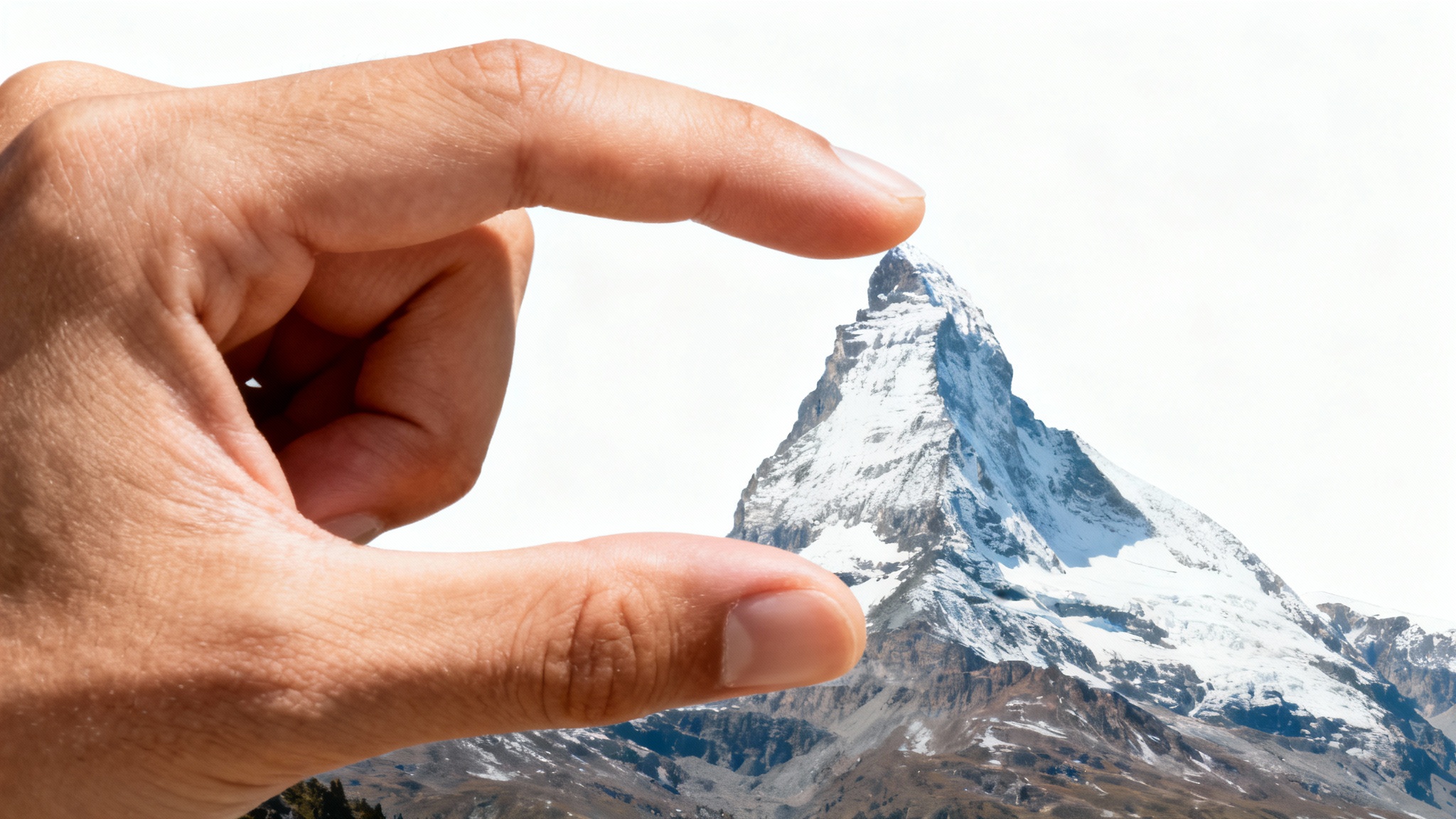 A clever forced perspective photograph where a hand in the foreground appears to be pinching the peak of a distant mountain, demonstrating the creative technique.