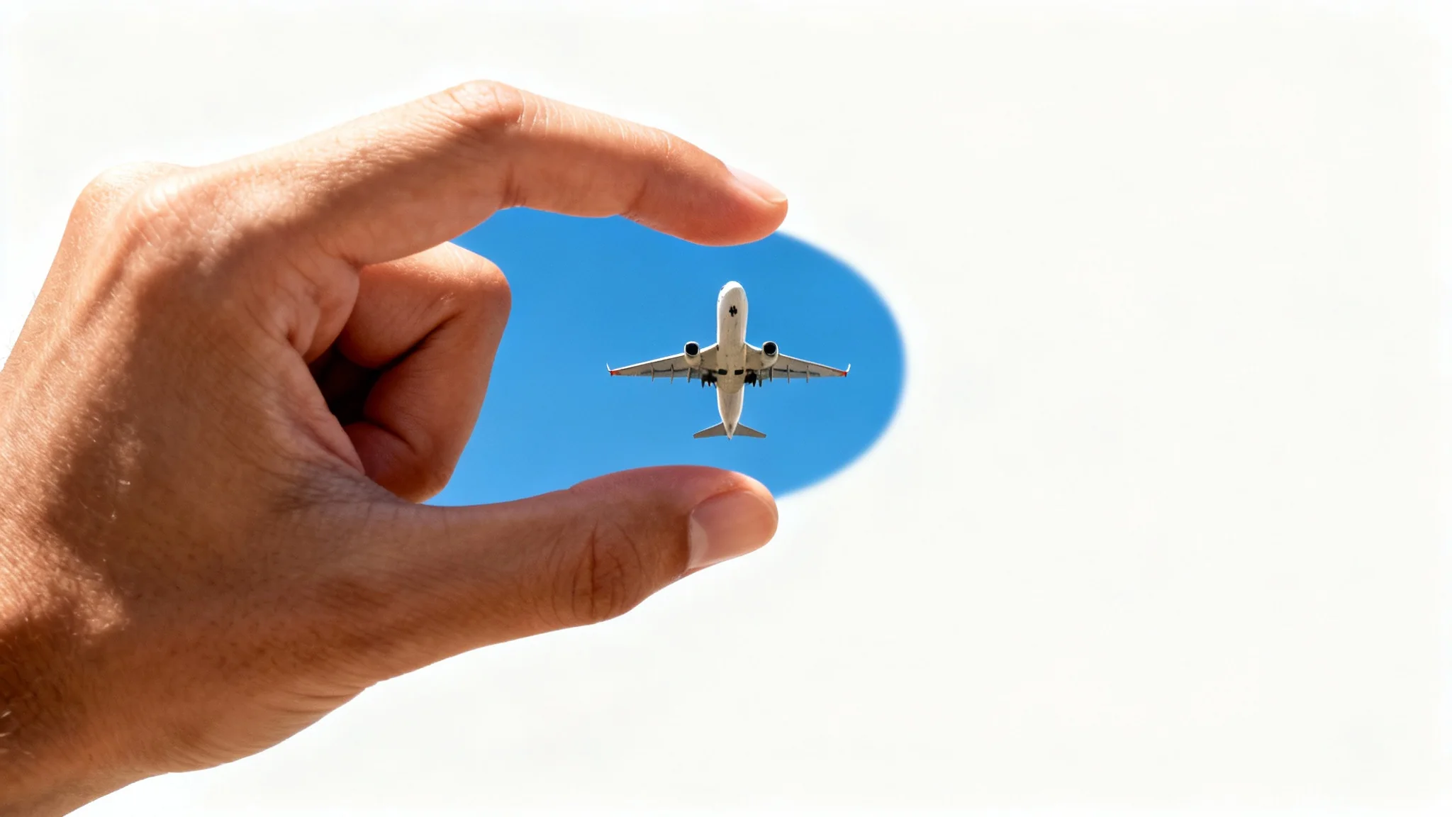 A photograph demonstrating forced perspective, where a person's hand in the foreground appears to be holding a distant airplane between their thumb and index finger against a clear blue sky.