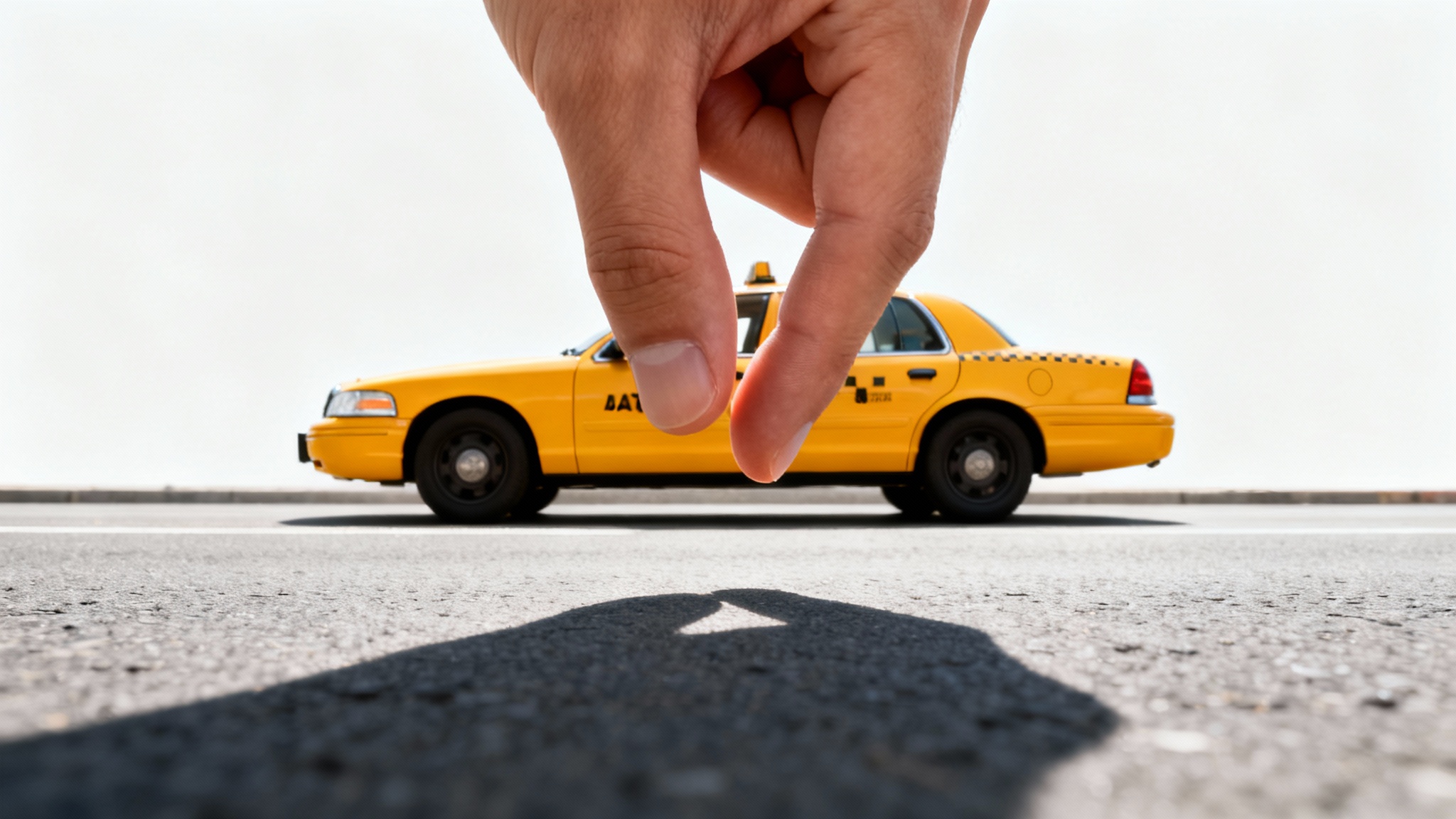 A forced perspective photograph creating an optical illusion where a person's hand appears to be pinching and lifting a tiny yellow taxicab off the street.