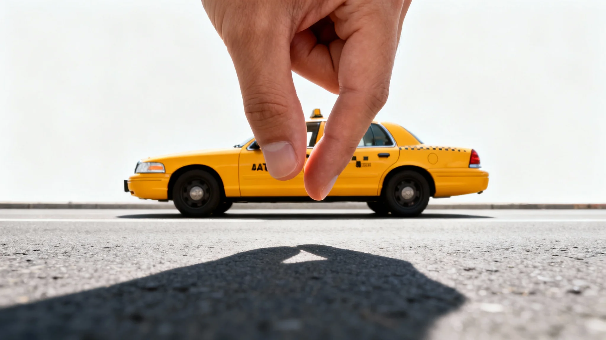 A forced perspective photograph creating an optical illusion where a person's hand appears to be pinching and lifting a tiny yellow taxicab off the street.