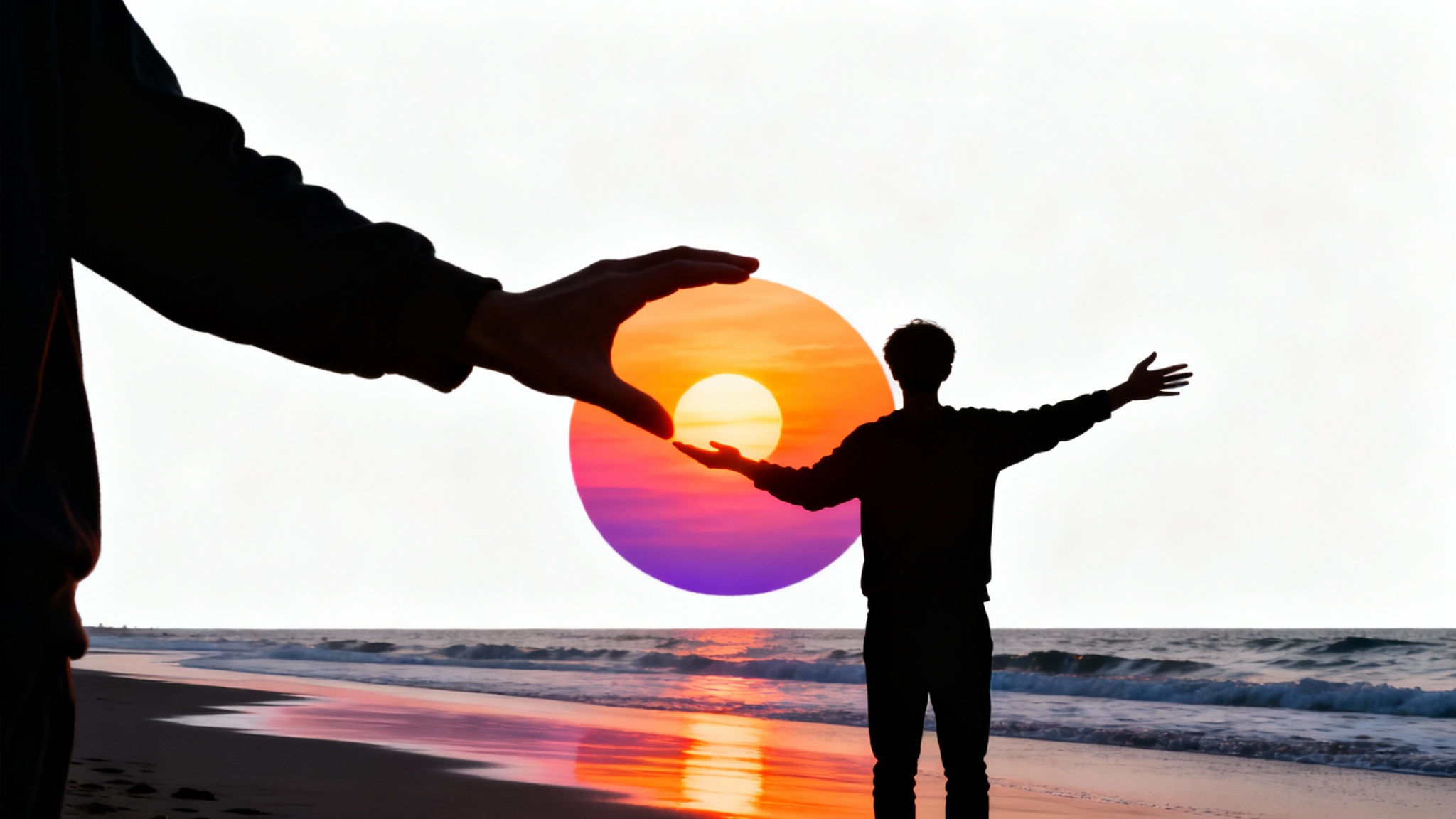 A photograph using forced perspective to show a person on a beach appearing to hold the setting sun between their hands.