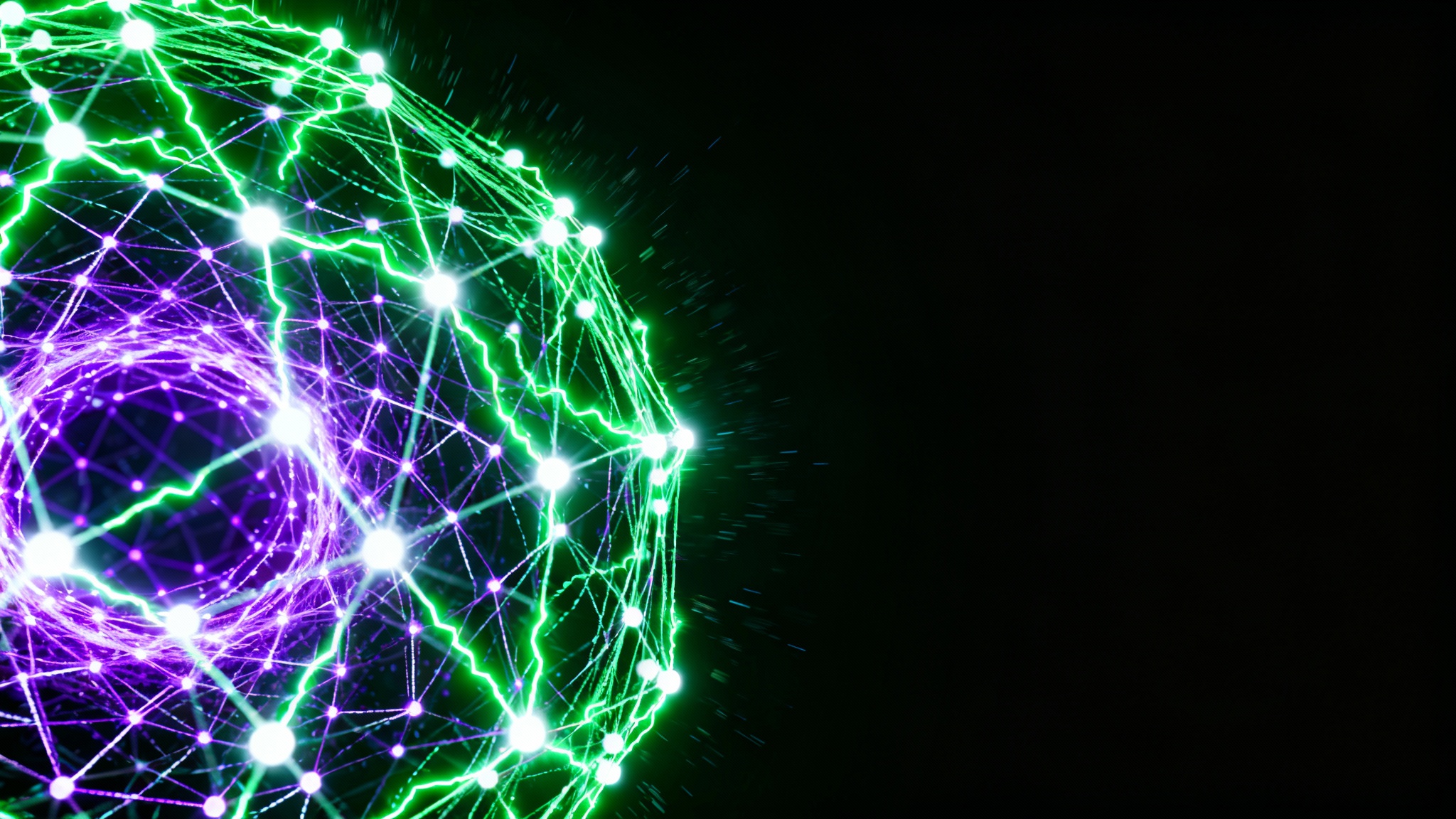 A futuristic hero image displaying an abstract neural network. Glowing lines of purple, green, and white connect nodes across a dark background, representing data and AI.