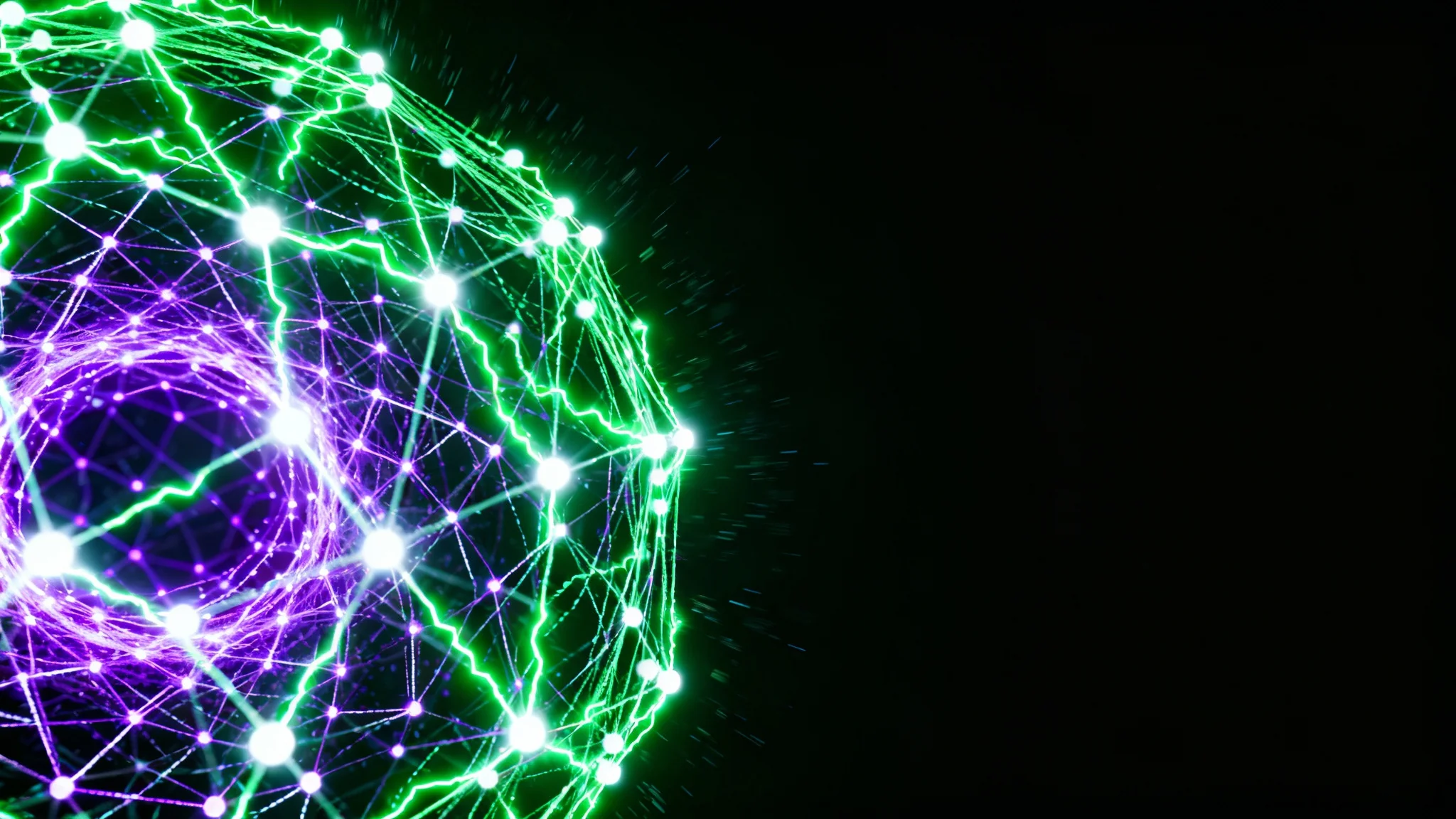 A futuristic hero image displaying an abstract neural network. Glowing lines of purple, green, and white connect nodes across a dark background, representing data and AI.