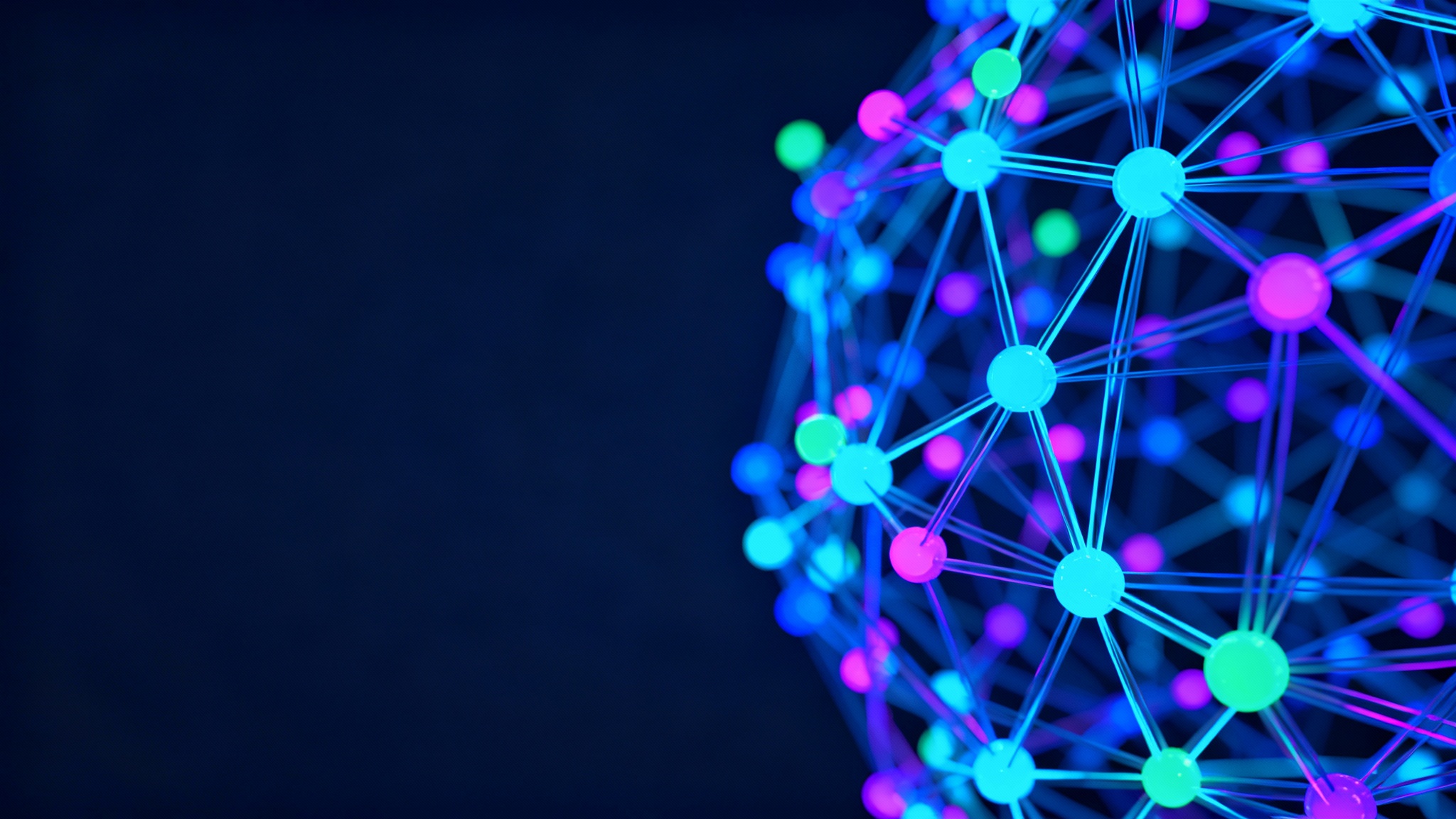 An abstract 3D visualization of a glowing neural network with interconnected nodes and pathways, representing artificial intelligence and data.