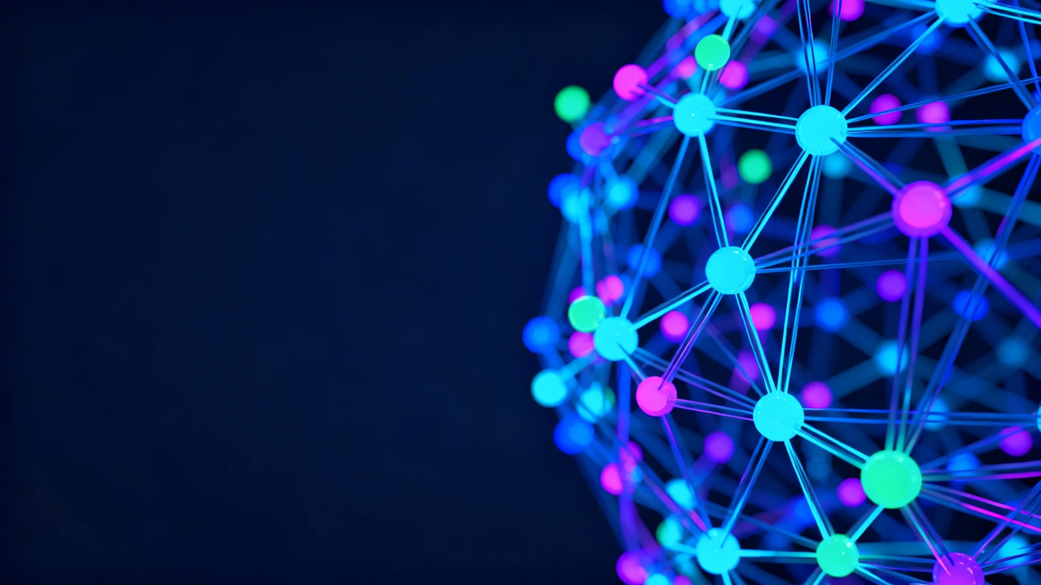 An abstract 3D visualization of a glowing neural network with interconnected nodes and pathways, representing artificial intelligence and data.