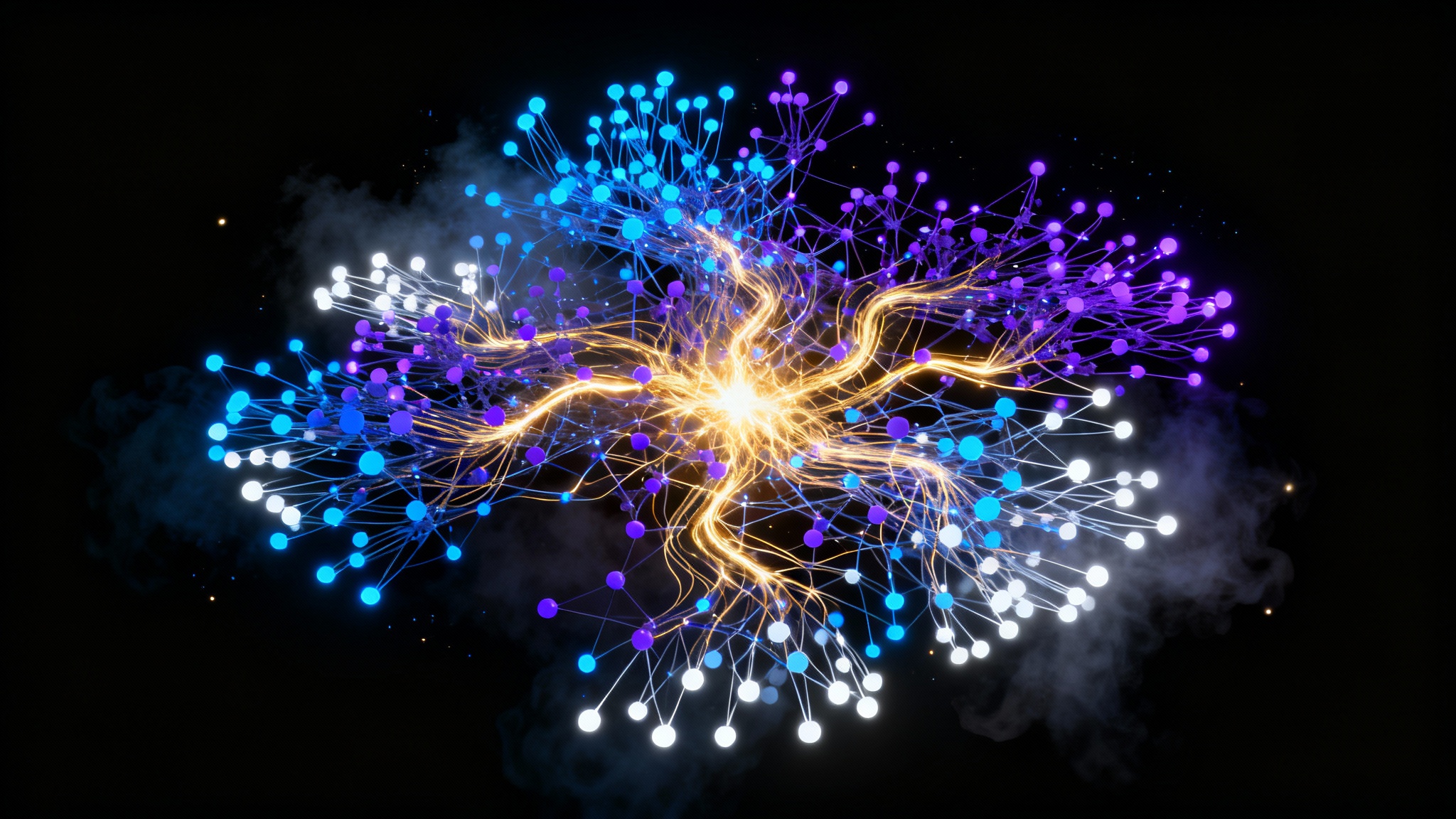An abstract digital illustration of a complex neural network with glowing blue, purple, and gold nodes and connecting lines on a dark background, representing artificial intelligence and data processing.