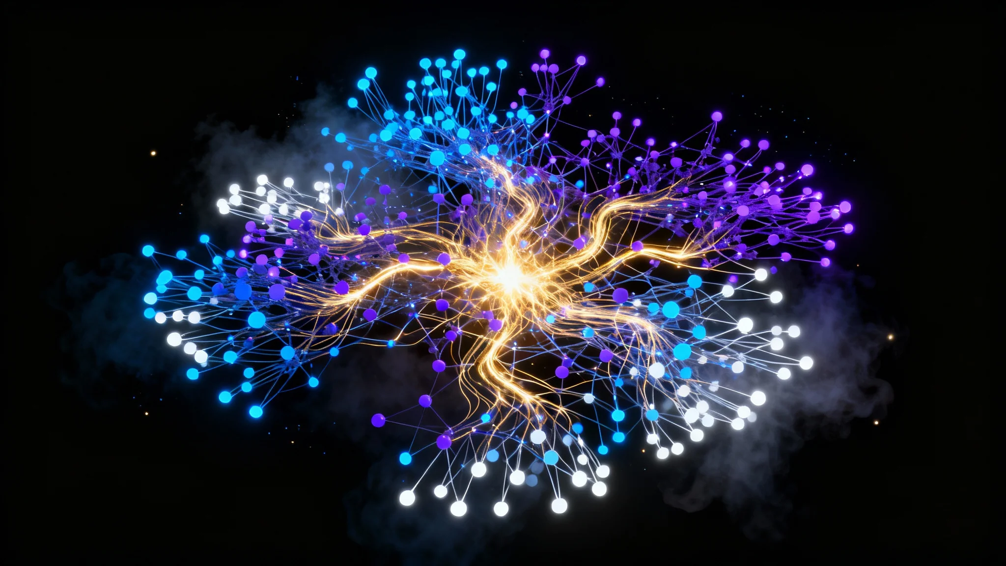 An abstract digital illustration of a complex neural network with glowing blue, purple, and gold nodes and connecting lines on a dark background, representing artificial intelligence and data processing.