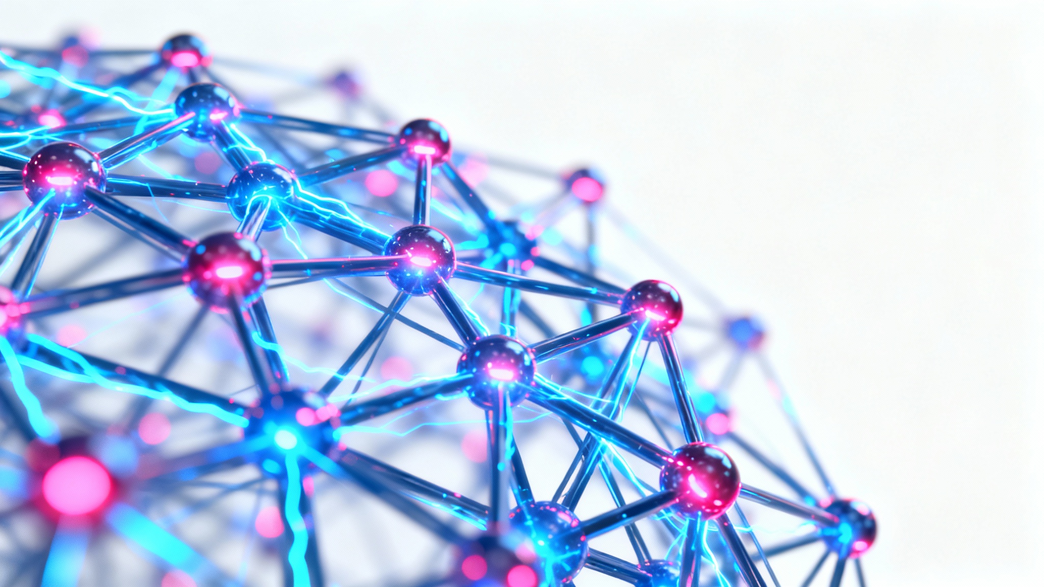 A 3D digital visualization of a neural network with glowing blue and magenta nodes interconnected by light, set against a clean white background.